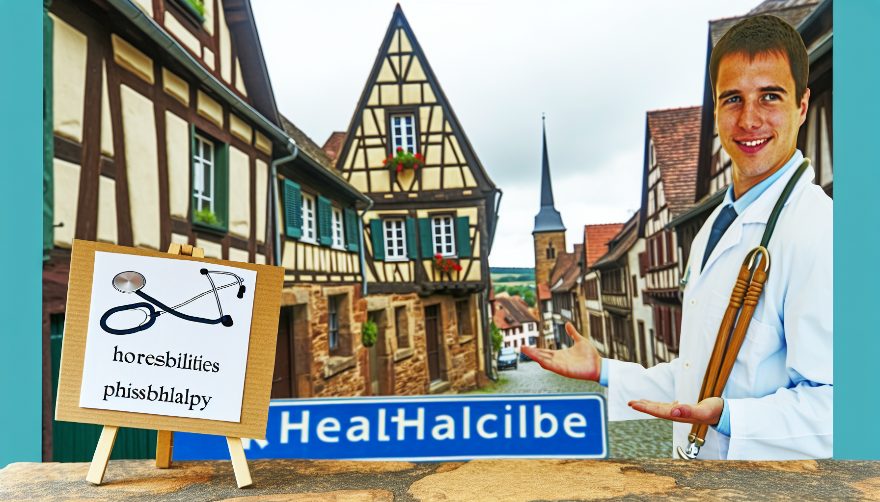 Gesundheitsmöglichkeiten, Ärzte, Physiotherapie und allgemeine Gesundheitsthemen in und um eine kleine mittelalterliche Stadt mit Fachwerkhäusern und Kopfsteinpflasterstraßen.