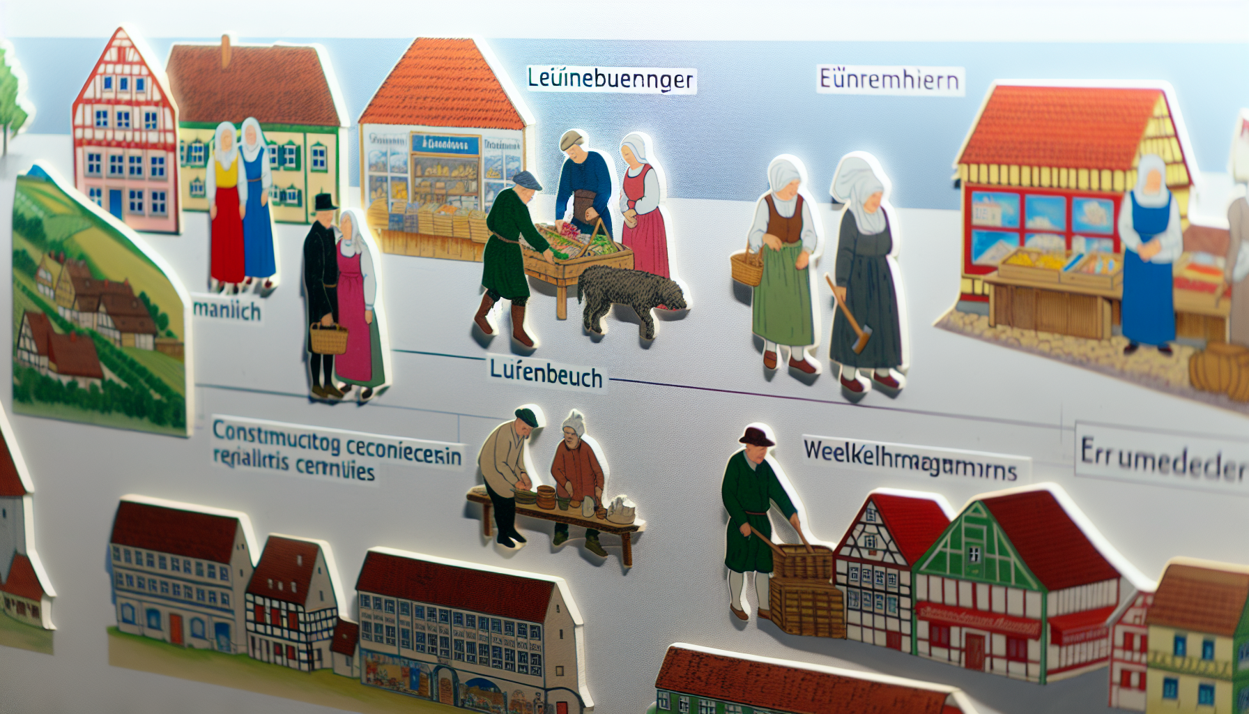 Eine Darstellung der wirtschaftlichen Aktivitäten in der Stadt Lüneburg, Deutschland, und den umliegenden Regionen. Der Fokus liegt auf charakteristischen regionalen Elementen wie lokalen Geschäften, Wochenmärkten und traditionellen Handwerkswerkstätten. Es sind Menschen verschiedener Herkunft und Geschlechter abgebildet, die in täglichen Arbeitsaktivitäten wie dem Betreiben von Geschäften, Handwerkskunst und landwirtschaftlicher Arbeit beschäftigt sind.
