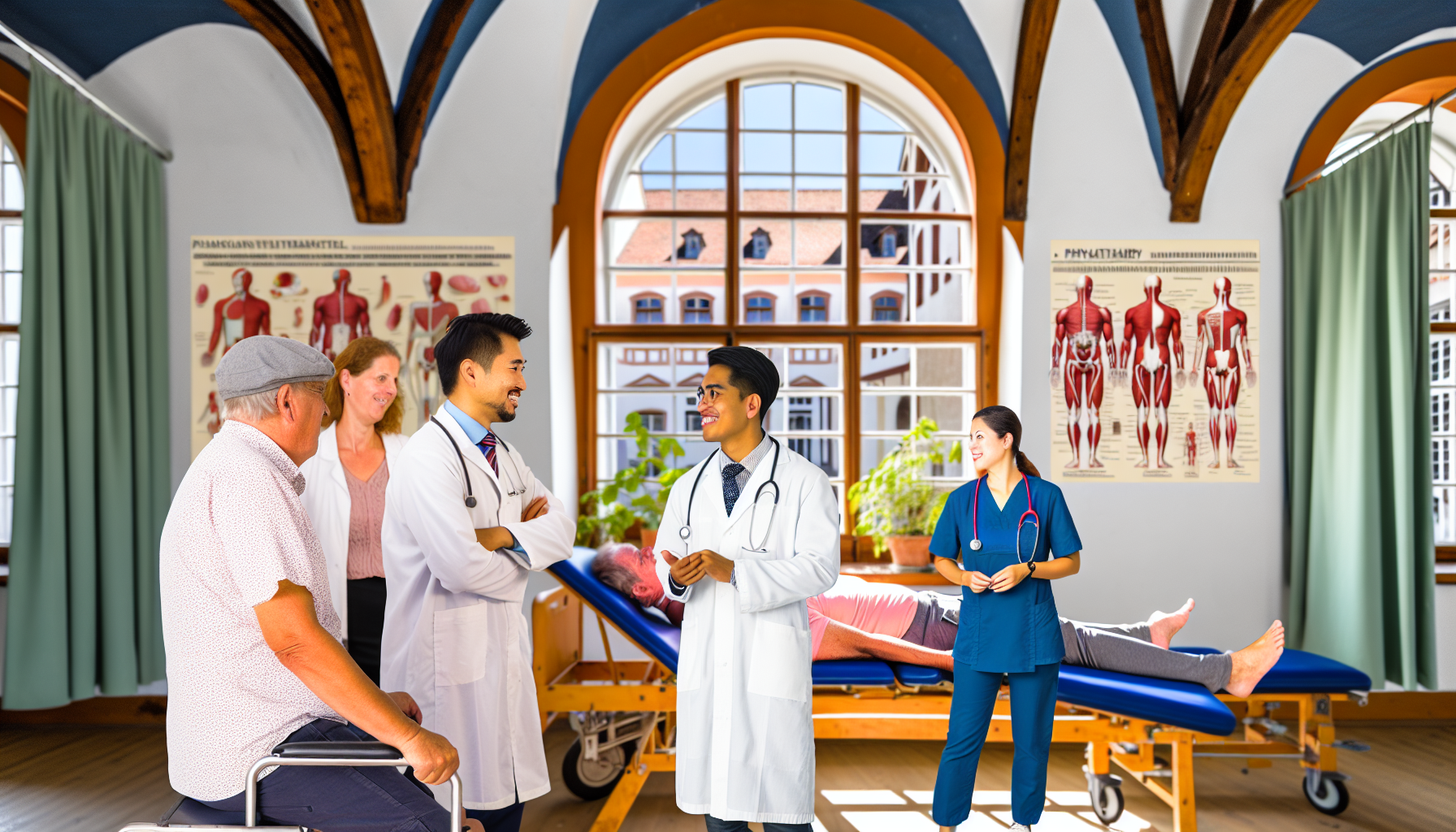 Das Bild zeigt eine lebendige Krankenhaus-Szene in Lüneburg, einer charmanten alten Stadt in Deutschland. Im Vordergrund interagieren ostasiatische männliche Ärzte freundlich mit Patienten unterschiedlicher Herkunft, was die Vielfalt der Gemeinschaft widerspiegelt. Eine hispanische Physiotherapeutin und ein mittelöstlicher Physiotherapeut unterstützen Patienten bei ihrer Genesung, indem sie ihnen Übungen demonstrieren und sie motivieren.nAn den Wänden hängen informative Plakate, die allgemeine Gesundheitsthemen behandeln, wie Ernährung, Bewegung und Prävention. Diese Plakate sind bunt und ansprechend gestaltet, um die Aufmerksamkeit der Patienten zu gewinnen.nDie Architektur des Krankenhauses spiegelt die historische-romantische Bauweise Lüneburgs wider, mit hohen Decken, großen Fenstern und Holzbalken, die dem Raum eine warme und einladende Atmosphäre verleihen. Die Kombination aus moderner medizinischer Versorgung und dem Charme der alten Stadt schafft eine harmonische Umgebung, die sowohl beruhigend als auch inspirierend ist.