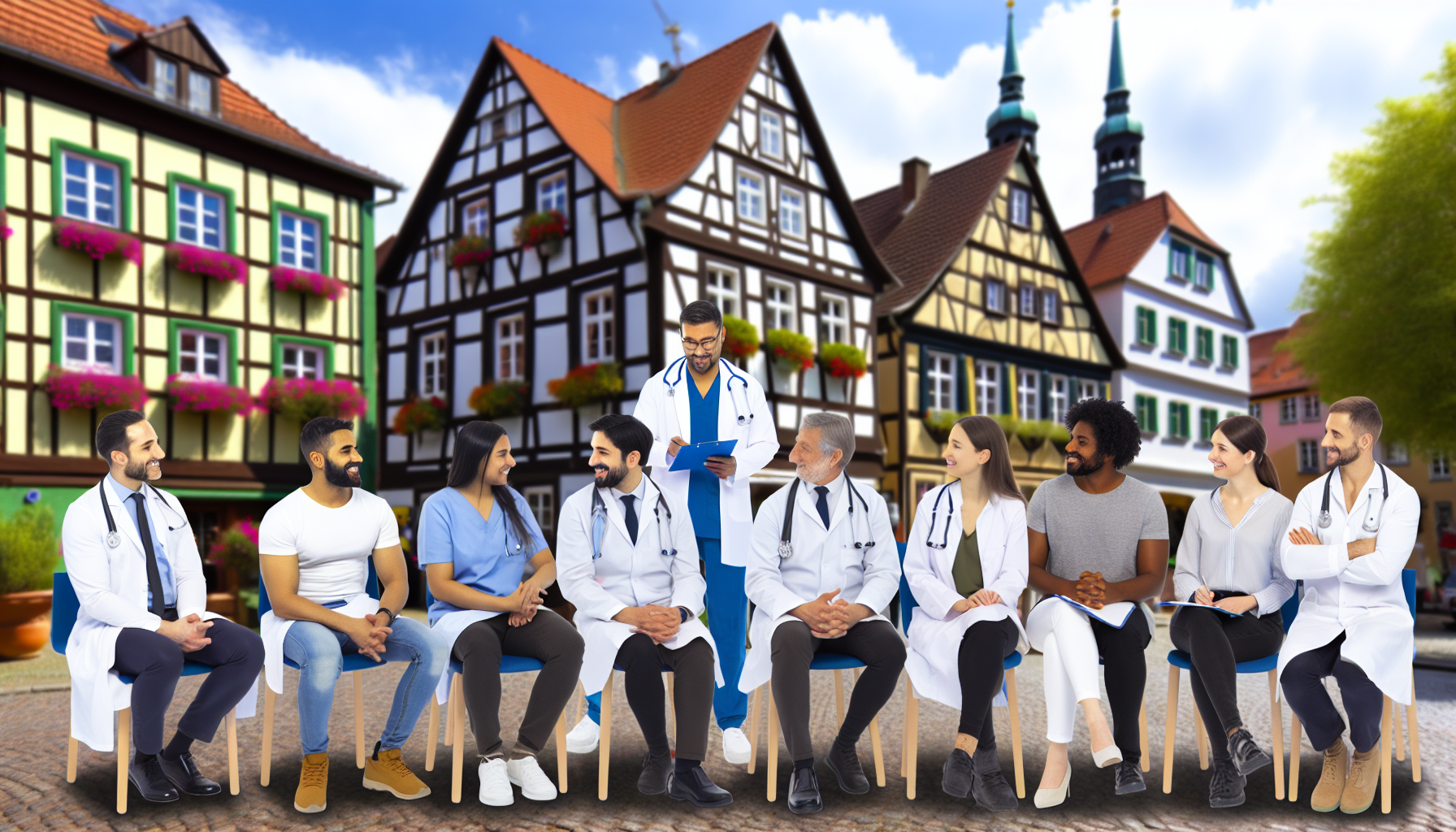 Stellen Sie sich eine Szene voller Gesundheitsmöglichkeiten vor, in der eine vielfältige Gruppe von medizinischen Fachkräften zusammenkommt. Einige Allgemeinmediziner sind anwesend, darunter kaukasische Männer, südasianische Frauen, hispanische Männer und schwarze Frauen. Auch Physiotherapeuten, darunter männliche Fachkräfte aus dem Nahen Osten und weiße Frauen, sind in die Szene integriert. Alle sind in angeregte Diskussionen, Beratungen und Behandlungen zu allgemeinen Gesundheitsthemen vertieft.nDiese gesundheitszentrierte Szene spielt in einer traditionellen deutschen Stadt, die Lüneburg ähnelt, mit malerischen Kiefernholzkliniken und im Hintergrund rustikalen Stadthäusern. Die gepflasterten Straßen sind gesäumt von wunderschönen, blumenreichen Balkonen, die der Umgebung einen lebendigen und einladenden Charakter verleihen. Die Atmosphäre ist geprägt von einem Gefühl der Gemeinschaft und des Austauschs, während die Fachleute ihr Wissen und ihre Erfahrungen teilen, um das Wohlbefinden der Menschen in ihrer Umgebung zu fördern.