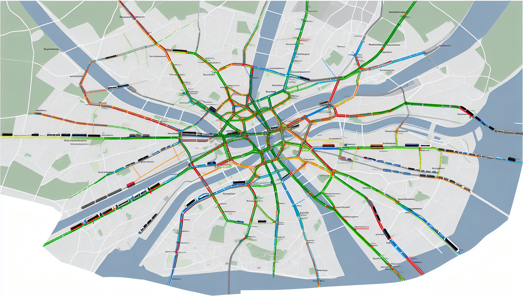 Eine umfassende Visualisierung der Verkehrsverbindungen in Lüneburg durch Straßen, Autobahnen, Busse, Züge und Regionalbahnen.