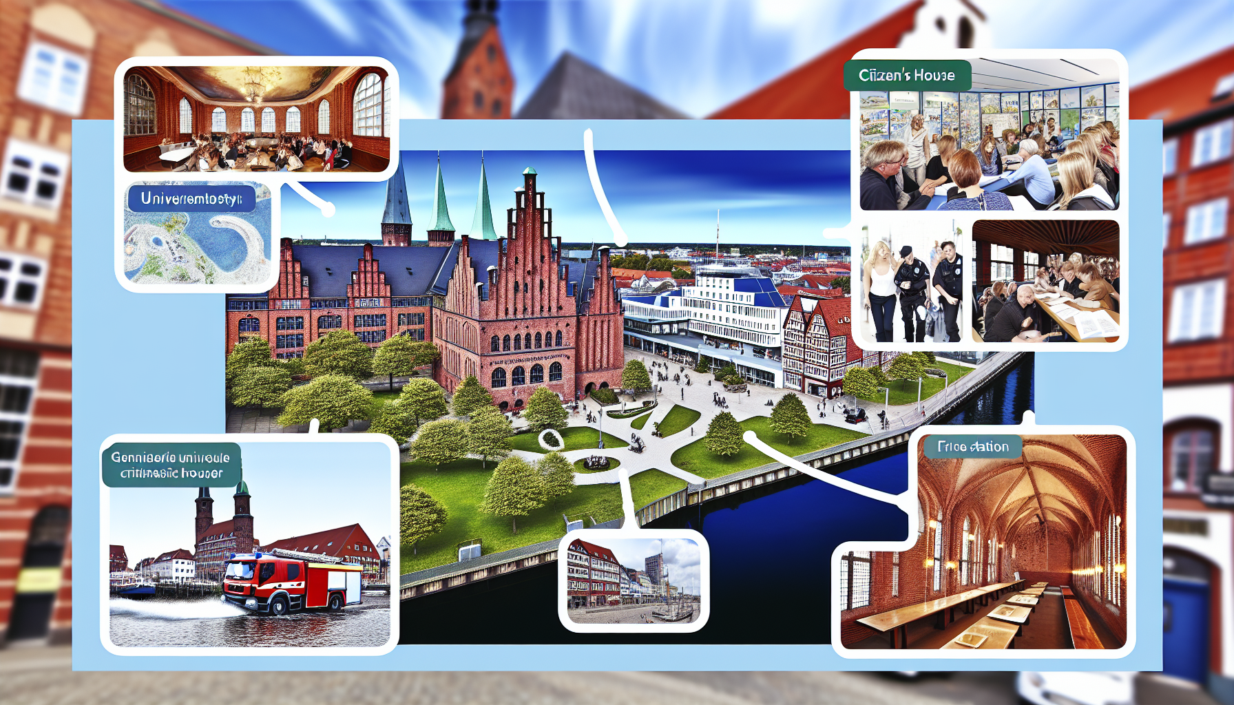 Lerne alles über die Stadt Lüneburg – Institutionen wie die Universität, das Bürgerhaus, die Polizeistation und die Feuerwehr, sowie die historischen Aspekte der Stadt und ihre Geschichten. Tauche ein in lebendige Bilder der Backsteingotik-Architektur, grüner Parks, gepflasterter Straßen, der alten Stadtansicht und moderner Gebäude. Stelle dir ein Panorama mit dem Universitätsgebäude vor, das von vielfältigen Studierenden belebt wird, einem Feuerwehrfahrzeug, das aus einer Wache eilt, und einem Bürgerhaus, in dem Menschen unterschiedlicher Herkunft und Geschlechter miteinander verkehren. Darüber hinaus kannst du dir historische Elemente wie mittelalterliche Gebäude, Hafenansichten und Salzproduktionsanlagen vorstellen, die jeweils ihre eigene einzigartige Geschichte erzählen.