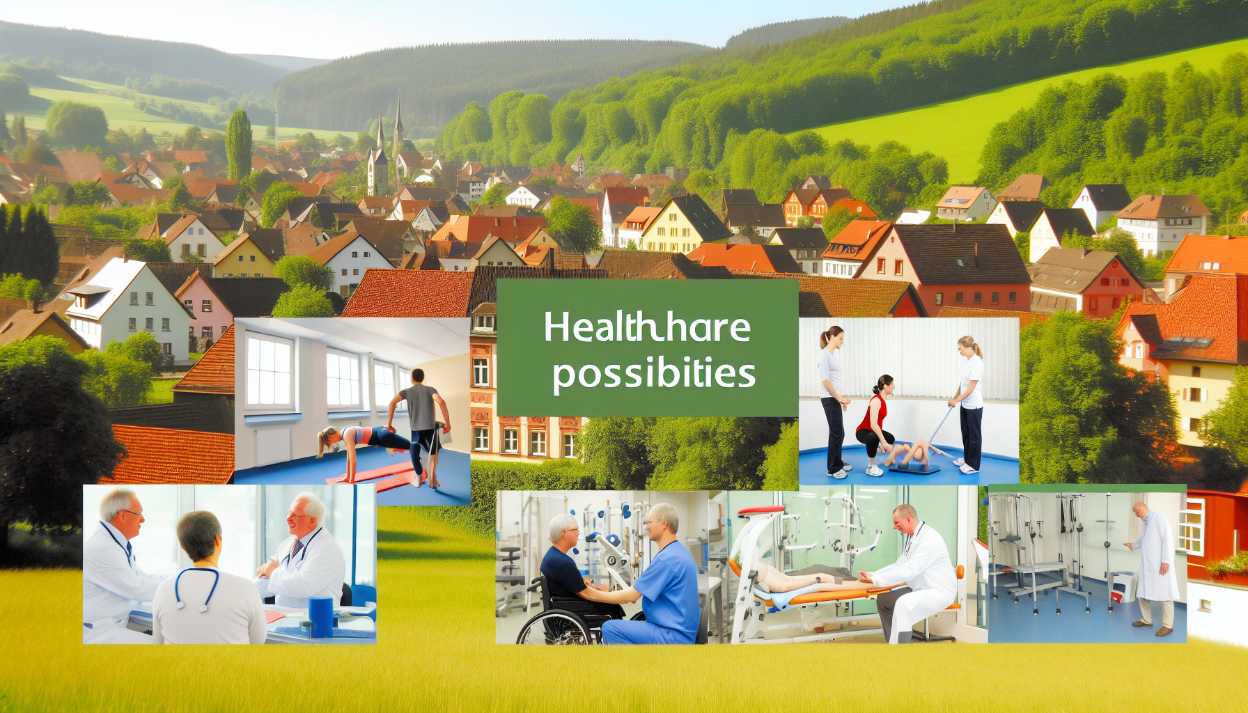 Gesundheitsmöglichkeiten, Ärzte, Physiotherapie und allgemeine Themen zur Gesundheit in und um eine kleine, malerische deutsche Stadt, umgeben von üppigen grünen Feldern und traditioneller Architektur. Das Bild sollte eine ruhige Umgebung zeigen, in der Menschen an gesundheitsorientierten Aktivitäten teilnehmen, wie zum Beispiel Physiotherapie-Übungen, Ärzte, die Patienten beraten, und andere gesundheitsbewusste Personen, die in Freiluftgemeinschaften verschiedene Gesundheitsthemen diskutieren. Die Szene sollte insgesamt das Thema Gesundheit und Wohlbefinden widerspiegeln.