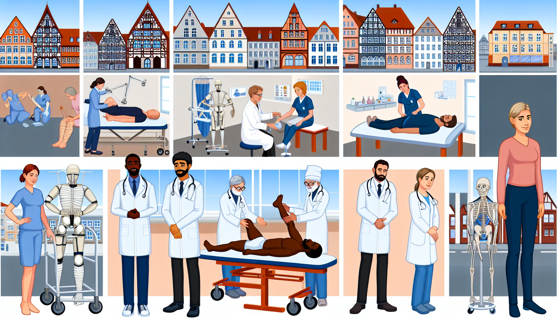 Darstellung verschiedener Gesundheitseinrichtungen, in denen sowohl männliche als auch weibliche Ärzte unterschiedlicher Abstammung, wie Kaukasier, Hispanics, Schwarze, Nahostler und Südasianer, ihren Aufgaben nachgehen. Einschließlich Szenen von Physiotherapie-Anwendungen. Dies sollte allgemein gesundheitsbezogene Themen und Umgebungen innerhalb einer Stadt darstellen, die Lüneburg, Deutschland, ähnelt. Bitte beachten Sie die charakteristische norddeutsche Architektur.
