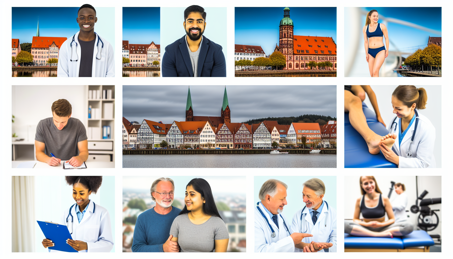 Visuelle Darstellung verschiedener Gesundheitsoptionen wie Ärzte, Physiotherapie und allgemeine gesundheitsbezogene Themen in und um eine traditionelle deutsche Stadt. Die Szenerie sollte charakteristisch für Lüneburg sein, mit ihren typischen roten Backsteingebäuden und malerischen Ausblicken. Zeigen Sie verschiedene Fachkräfte, darunter einen schwarzen männlichen Arzt in einem professionellen Umfeld, eine kaukasische Physiotherapeutin in Aktion, die Physiotherapie durchführt, sowie einen südasianischen männlichen und eine hispanische weibliche Patientin, die lernen und gesundheitliche Themen diskutieren.