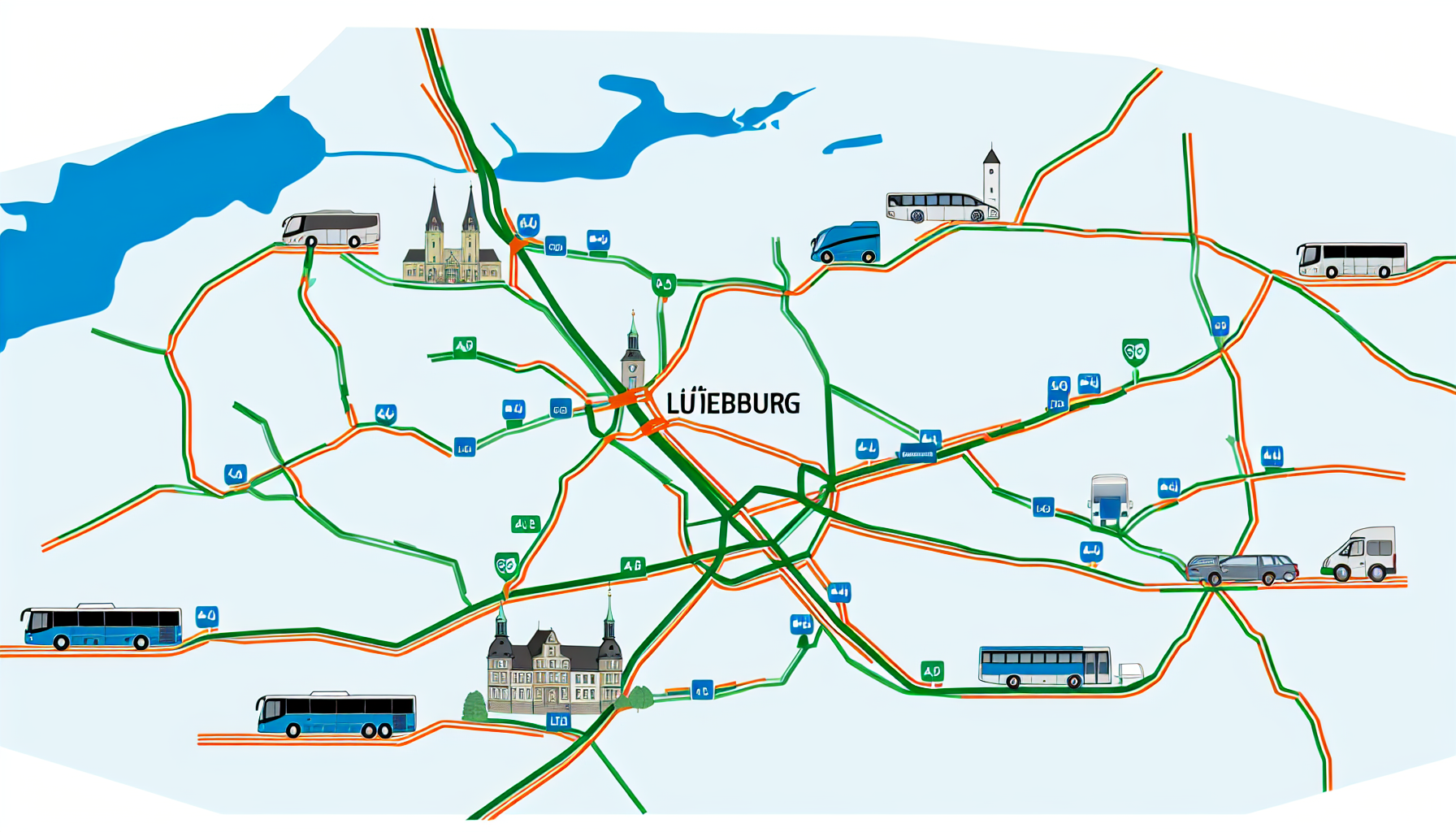 Illustration der Verkehrsverbindungen nach Lüneburg, einschließlich Straßen, Autobahnen, Busse, Züge und Regionalbahn.