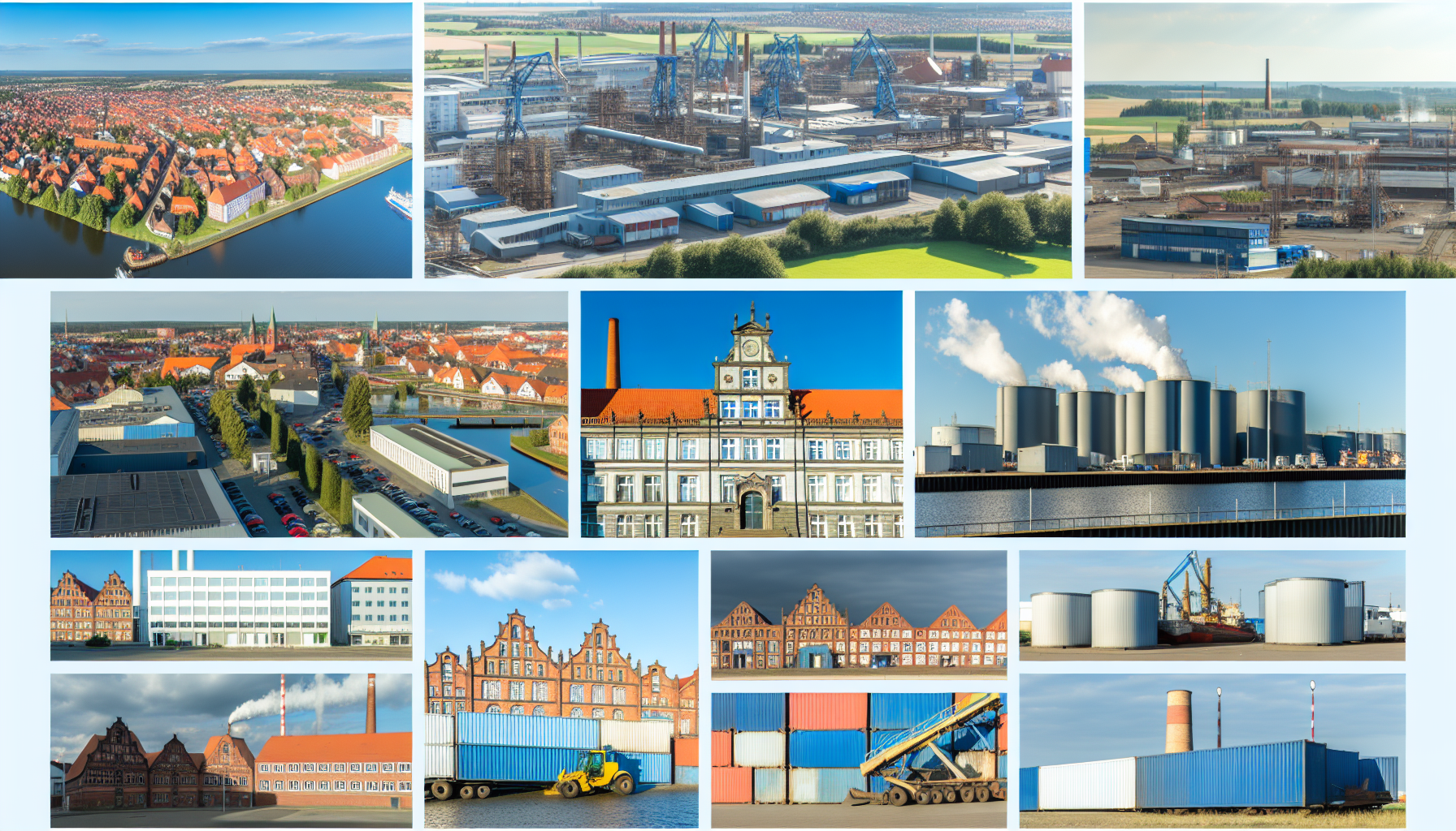 Eine umfassende Betrachtung der Wirtschaft in der deutschen Stadt Lüneburg und ihrer Umgebung. Dies umfasst Bilder, die verschiedene Industriezweige, lokal produzierte Waren, kommerzielle Infrastrukturen und Verkehrseinrichtungen darstellen. Der alte Weltcharme der Stadt mit ihren historischen Gebäuden sollte neben modernen Strukturen, die die wirtschaftliche Entwicklung repräsentieren, integriert werden.