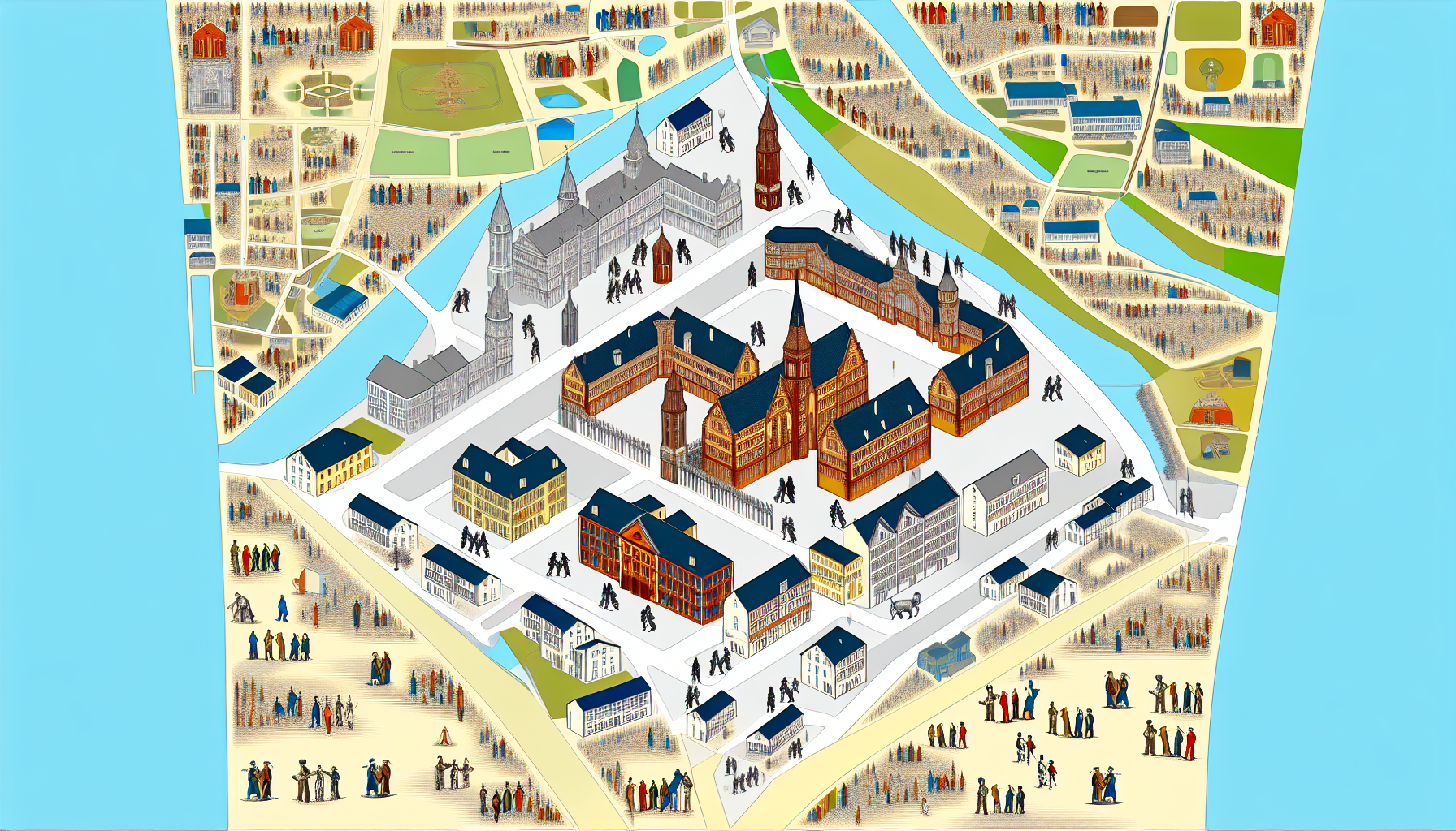 Stellen Sie sich ein detailliertes und informatives Bild vor, das alle bemerkenswerten Aspekte der Stadt Lüneburg zeigt. In der Mitte des Bildes könnte die Universität Lüneburg stehen, ein beeindruckendes Gebäude im klassischen europäischen Architekturstil, umgeben von grünen Wiesen und lebhaften Studenten, die sich unterhalten und lernen. nNeben der Universität könnte das Bürgerzentrum abgebildet sein, ein weiteres architektonisches Highlight, das die Gemeinschaft zusammenbringt. In der Nähe sind das Polizeirevier und die Feuerwehr zu sehen, beide in traditioneller Bauweise, mit freundlichen Beamten und Feuerwehrleuten, die bereit sind zu helfen.nDie Straßen sind mit jahrhundertealten Kopfsteinpflastersteinen gepflastert, die die Geschichte der Stadt widerspiegeln. Alte Gebäude mit Fachwerk und historischen Denkmälern, wie dem Wasserturm oder der St. Johanniskirche, verleihen der Szene einen nostalgischen Charme.nEine vielfältige Menschenmenge aus verschiedenen Herkunftsländern und Geschlechtern belebt die Szene. Studenten, die Bücher tragen, Anwohner, die mit ihren Familien spazieren gehen, sowie Polizisten und Feuerwehrleute, die in ihren Uniformen präsent sind, tragen zur lebendigen und lehrreichen Atmosphäre bei. nDas Bild strahlt eine Mischung aus Geschichte, Gemeinschaft und Bildung aus und fängt den einzigartigen Charakter von Lüneburg perfekt ein.