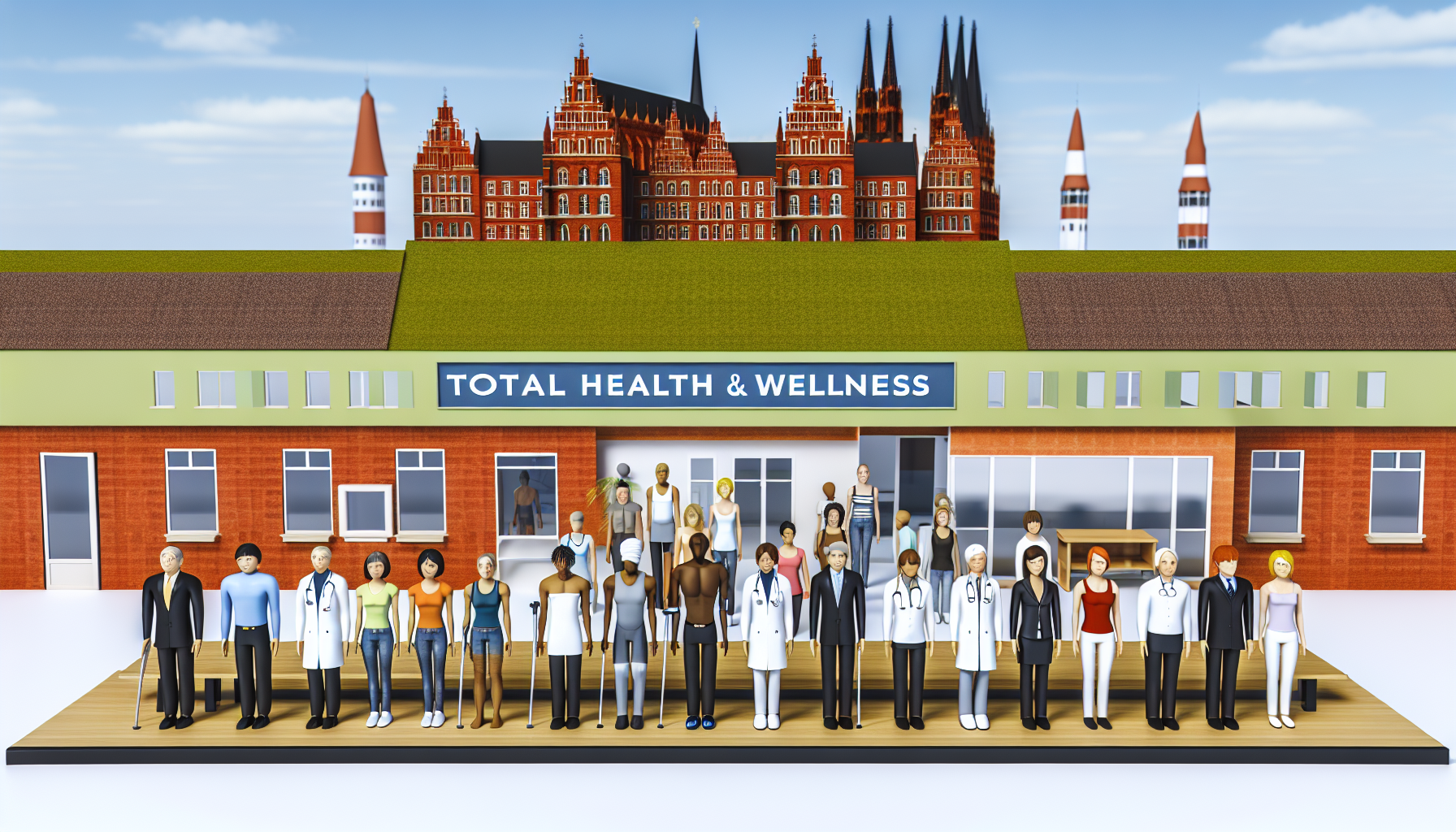 Eine visuelle Darstellung von Gesundheits- und Wellness-Einrichtungen wie Arztpraxen, Physiotherapiepraxen und allgemeinen gesundheitsbezogenen Themen in einer Stadtumgebung. Die Szene ist inspiriert von der alten deutschen Stadtlandschaft von Lüneburg, mit ihrer roten Backsteingotik-Architektur im Hintergrund. Es sind Menschen unterschiedlicher Abstammung zu sehen, wie Kaukasier, Hispanics, Schwarze, Menschen aus dem Nahen Osten und Südasien, die alle gleichmäßig vertreten sind. Auch die Geschlechterverteilung unter den Fachleuten und Patienten ist ausgewogen, um die Vielfalt innerhalb der Gesundheitsgemeinschaft zu veranschaulichen.