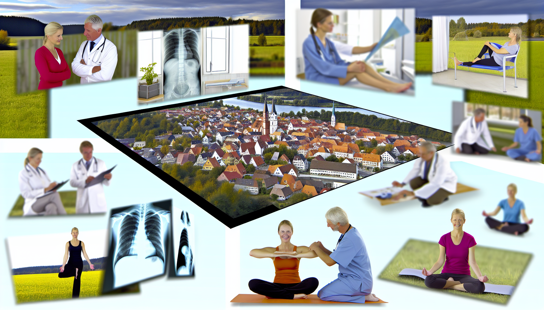 Stellen Sie sich ein gesundheitszentriertes Panorama in der Stadt Lüneburg, Deutschland, vor. Visualisieren Sie mehrere Szenarien, die Möglichkeiten im Gesundheitswesen darstellen, wie Ärzte und Physiotherapeuten, die sowohl in Innen- als auch in Außenbereichen arbeiten. Einige könnten an einer Stadtkarte stehend ein gesundheitsbezogenes Thema diskutieren, während andere ein Röntgenbild untersuchen. Vielleicht gibt es auch eine Gruppe, die in einem Park eine Yogastunde leitet. Fügen Sie Elemente traditioneller deutscher Architektur und Landschaften als Kulisse zu diesen vielfältigen Gesundheitsszenen hinzu. nIm Hintergrund könnten die charakteristischen Backsteinhäuser Lüneburgs zu sehen sein, mit ihren roten Ziegeldächern und den hübschen Gärten. Die Szenen könnten in einem lebhaften Stadtpark stattfinden, umgeben von alten Bäumen und blühenden Blumen, während die Sonne sanft auf die Teilnehmer der Yogastunde scheint. In einem nahegelegenen Gebäude könnte ein Arzt mit einem Patienten in einem modernen Behandlungsraum sprechen, während im Freien eine Gruppe von Physiotherapeuten mit Patienten an der frischen Luft arbeitet. Diese lebendige Darstellung zeigt die Verbindung von Gesundheit und Gemeinschaft in einer malerischen deutschen Stadt.
