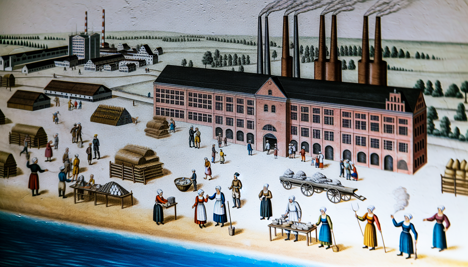 Wirtschaftliche Aktivitäten in Lüneburg und Umgebung, einschließlich Industriegebäuden, Marktplätzen und blühenden landwirtschaftlichen Flächen. Zeigen Sie einige Menschen verschiedener Herkunft und Geschlechter, die in unterschiedlichen Berufen tätig sind, wie Markthändler, Landwirte und Fabrikarbeiter. Fügen Sie ein Gefühl des täglichen Geschäftslebens hinzu, indem Sie Elemente wie eine geschäftige Marktszene und die Verarbeitung in einer Industrieanlage einbeziehen.
