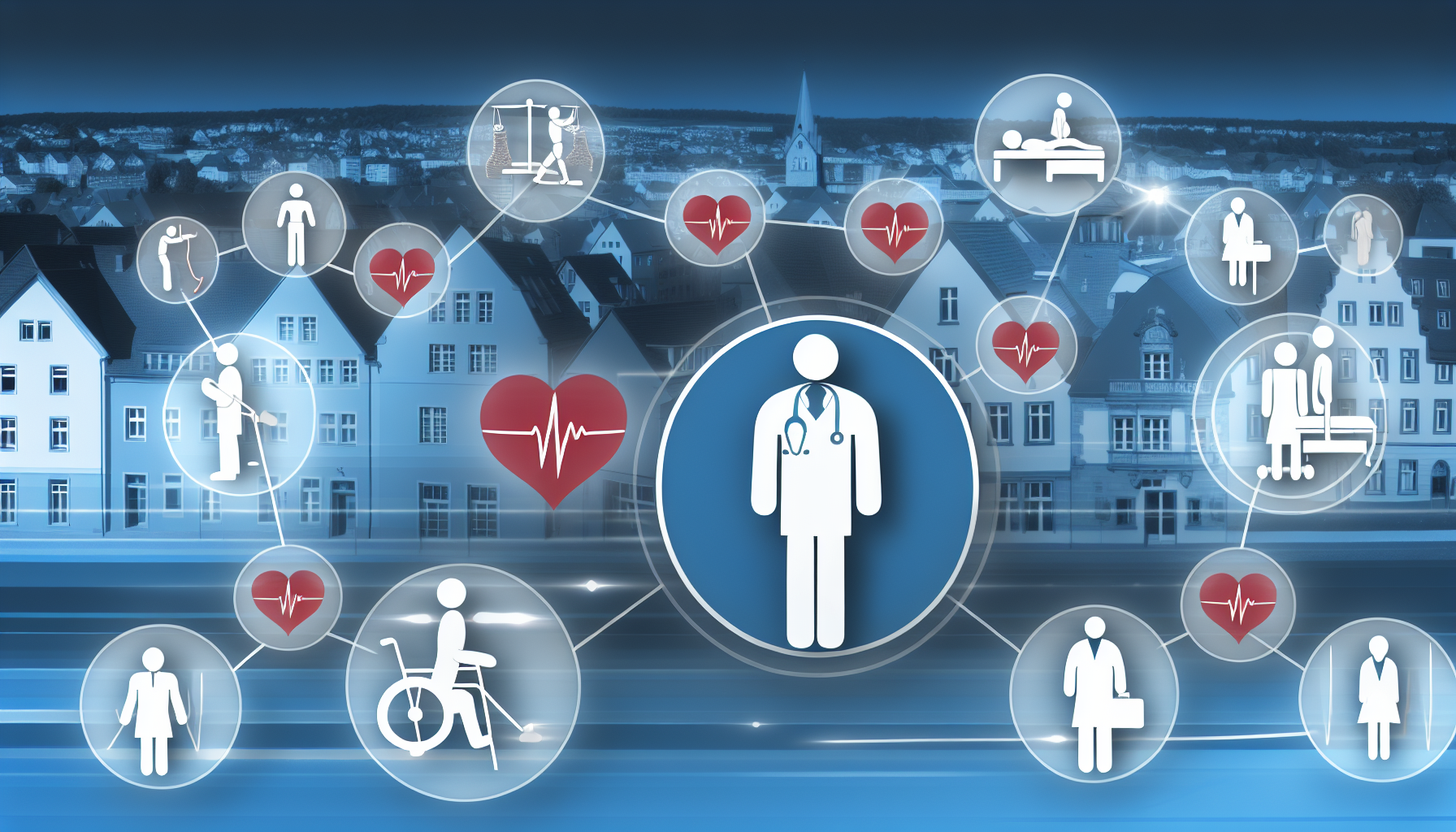 Visuelle Darstellung von Gesundheitseinrichtungen, medizinischen Fachkräften einschließlich Ärzten, Physiotherapieeinheiten und allgemeinen Gesundheitsthemen in einer Umgebung, die der Stadt Lüneburg, Deutschland, ähnelt.
