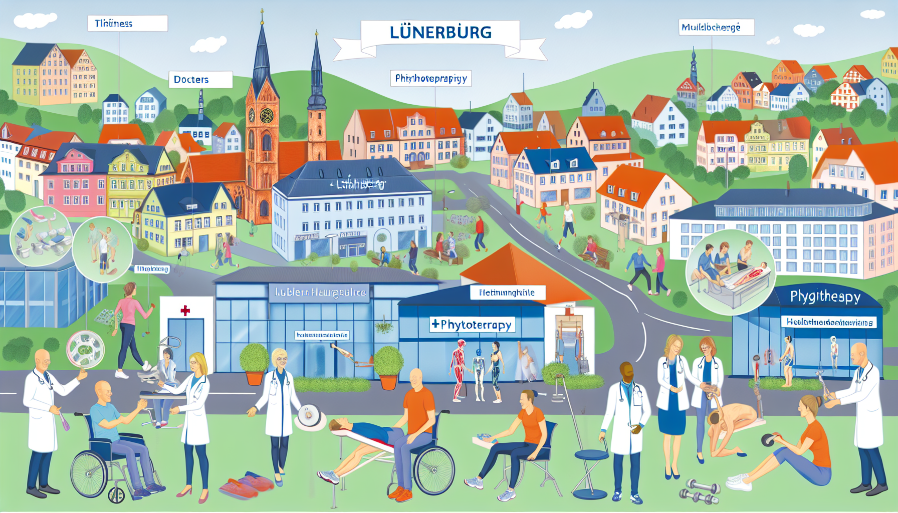 Illustration, die verschiedene Gesundheitsmöglichkeiten darstellt, einschließlich Ärzte, Physiotherapie und allgemeine Gesundheitsthemen in einer deutschen Stadt, die speziell die Merkmale und Architektur von Lüneburg, einer Stadt in Deutschland, repräsentiert. Das Bild sollte lokale Krankenhausgebäude, therapeutische Einrichtungen, Ärzte mit unterschiedlichem Hintergrund und Geschlecht, die mit Patienten interagieren, sowie bedeutende Orte im Zusammenhang mit Gesundheit und Wellness in der Gemeinschaft hervorheben. Menschen sind in verschiedenen gesundheitsorientierten Aktivitäten wie Fitness, Entspannung, medizinischen Beratungen usw. zu sehen, die das Wesen einer gesundheitsbewussten Stadt einfangen.