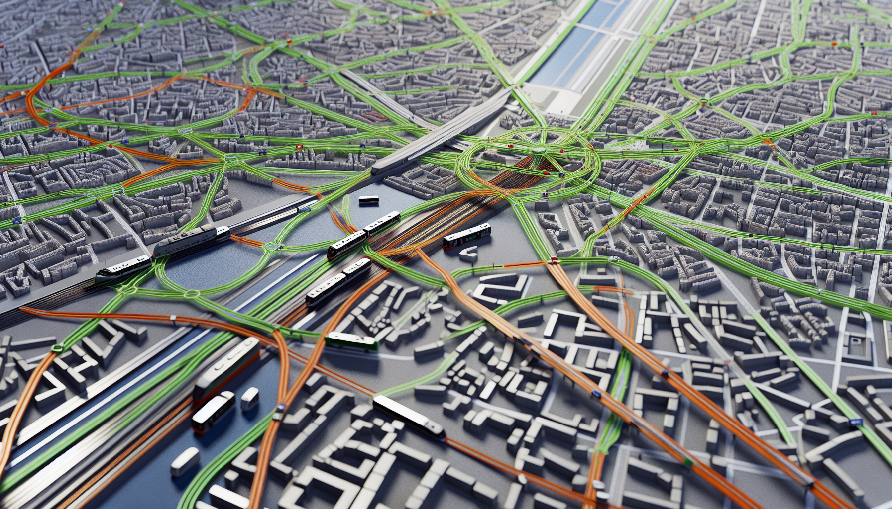 Eine anschauliche Darstellung, die die Verkehrsanbindung der Stadt Lüneburg zeigt, mit Fokus auf die Vielfalt der verfügbaren Verkehrsmittel – wie Straßen, Autobahnen, Busse, Züge und Regionalbahnen. Verwenden Sie eine Vogelperspektive, um einen Überblick über die weitläufige Stadtlandschaft mit komplexen Netzwerken von Verkehrswegen zu geben – von intricaten Straßen und Hauptverkehrsstraßen bis hin zu Buslinien und Schienen, die alle nahtlos in dieser fortlaufenden Erzählung des urbanen Verkehrs miteinander verbunden sind.