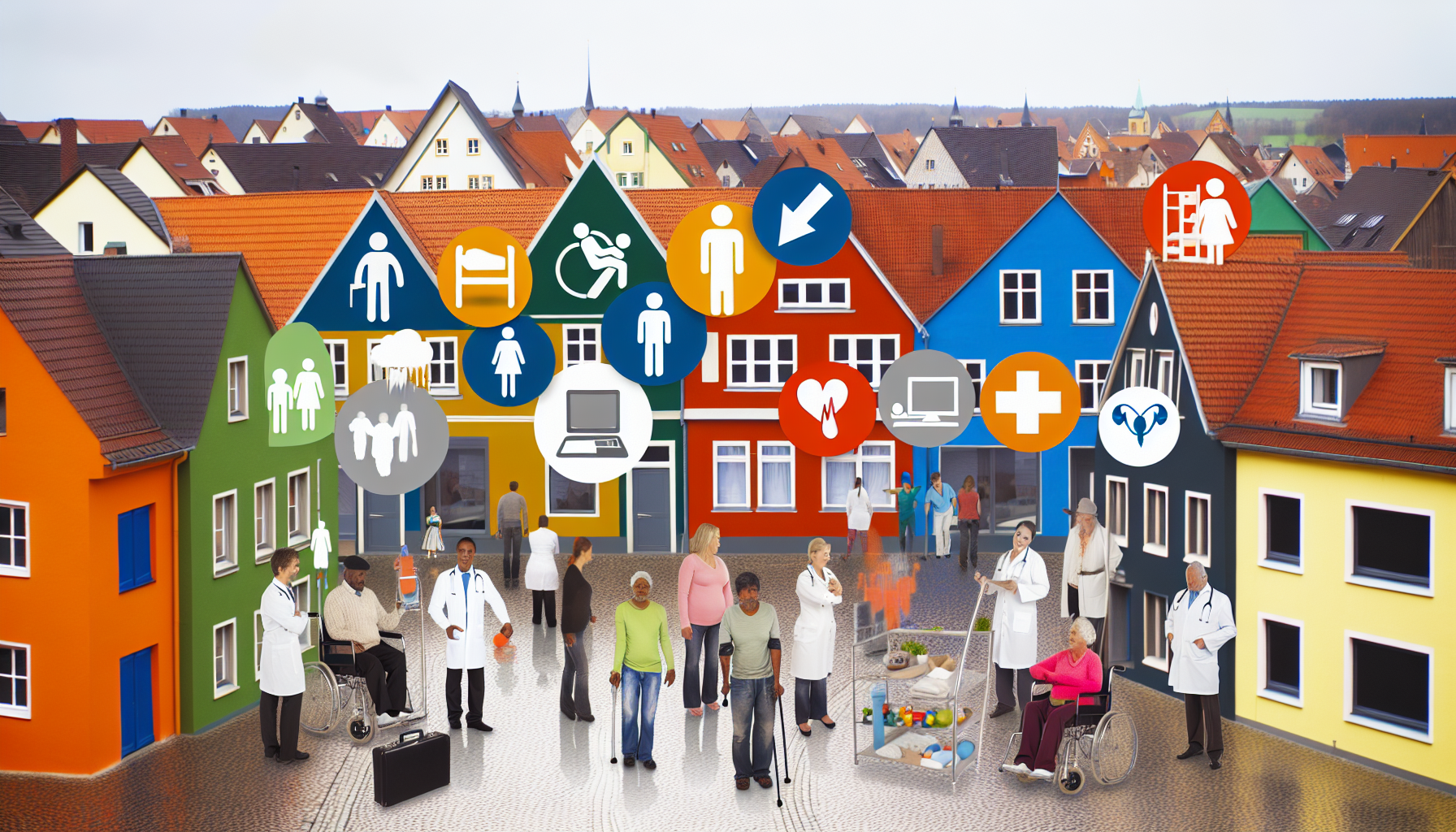 Stellen Sie sich eine malerische Kleinstadt in Deutschland vor, mit bunten traditionellen Häusern und Kopfsteinpflasterstraßen. In dieser lebhaften Umgebung sind Menschen verschiedener Herkunft zu sehen – Weiße, Schwarze, Südasiaten – und unterschiedlichen Geschlechts, die ihren Alltag verbringen. Einige besuchen Ärzte in modernen Gesundheitseinrichtungen, die mit fortschrittlicher Technologie ausgestattet sind. nIn den Parks der Stadt sind andere Menschen in Physiotherapie-Sitzungen engagiert, umgeben von gut gepflegten Grünflächen und blühenden Blumen. Die Atmosphäre ist freundlich und einladend, mit Symbolen für Gesundheit und Wellness, die überall verstreut sind – von Fitnessgeräten im Freien bis hin zu Informationsständen über gesunde Ernährung und Präventionsmaßnahmen. nDie Straßen sind belebt, mit Cafés, in denen gesunde Snacks angeboten werden, und Geschäften, die lokale, biologische Produkte verkaufen. An jeder Ecke gibt es Möglichkeiten für die Bürger, sich um ihre Gesundheit zu kümmern, sei es durch regelmäßige Arztbesuche, Physiotherapie oder einfach durch das Genießen der Natur und der Gemeinschaft.