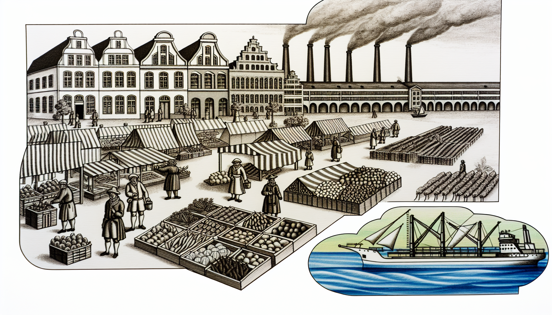 Eine bildliche Darstellung der wirtschaftlichen Aktivitäten in Lüneburg und den umliegenden Gebieten. Das Bild soll belebte Märkte zeigen, auf denen Verkäufer Früchte, Gemüse und andere lokale Produkte anbieten. Außerdem sollten im Hintergrund einige geschäftige Fabriken zu sehen sein, die den industriellen Aspekt der Wirtschaft verdeutlichen. Schließlich sollte ein Hafen mit angedockten Schiffen, die mit Waren für den Export beladen sind, dargestellt werden, um den Handel zu zeigen.