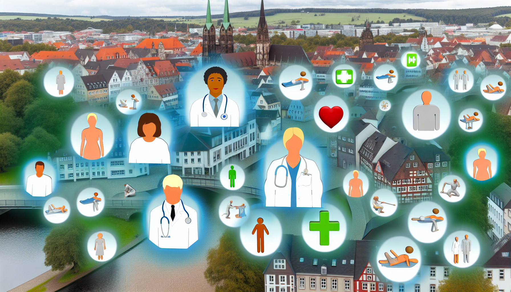 Eine illustrative Übersicht über Gesundheitsoptionen, die von Ärzten und Physiotherapie bis hin zu allgemeinen gesundheitsbezogenen Themen in einer europäischen Stadtumgebung reicht. Die gesamte Szene kann eine kompakte Stadt umfassen, möglicherweise mit gepflasterten Straßen, historischen Gebäuden, grünen Parks und einem nahegelegenen Fluss, typisch für Lüneburg, jedoch ohne spezifische Hinweise auf den tatsächlichen Standort. Verschiedene Gesundheitsfachkräfte, darunter männliche und weibliche Ärzte unterschiedlicher Abstammung wie Kaukasier und Hispanics sowie ein mittelöstlicher Physiotherapeut, werden gezeigt, wie sie mit vielfältigen Patienten interagieren. Darüber schweben abstrakte Symbole, die verschiedene Gesundheitsthemen repräsentieren, als ob sie Teil eines Gesprächs oder einer Vorlesung wären.