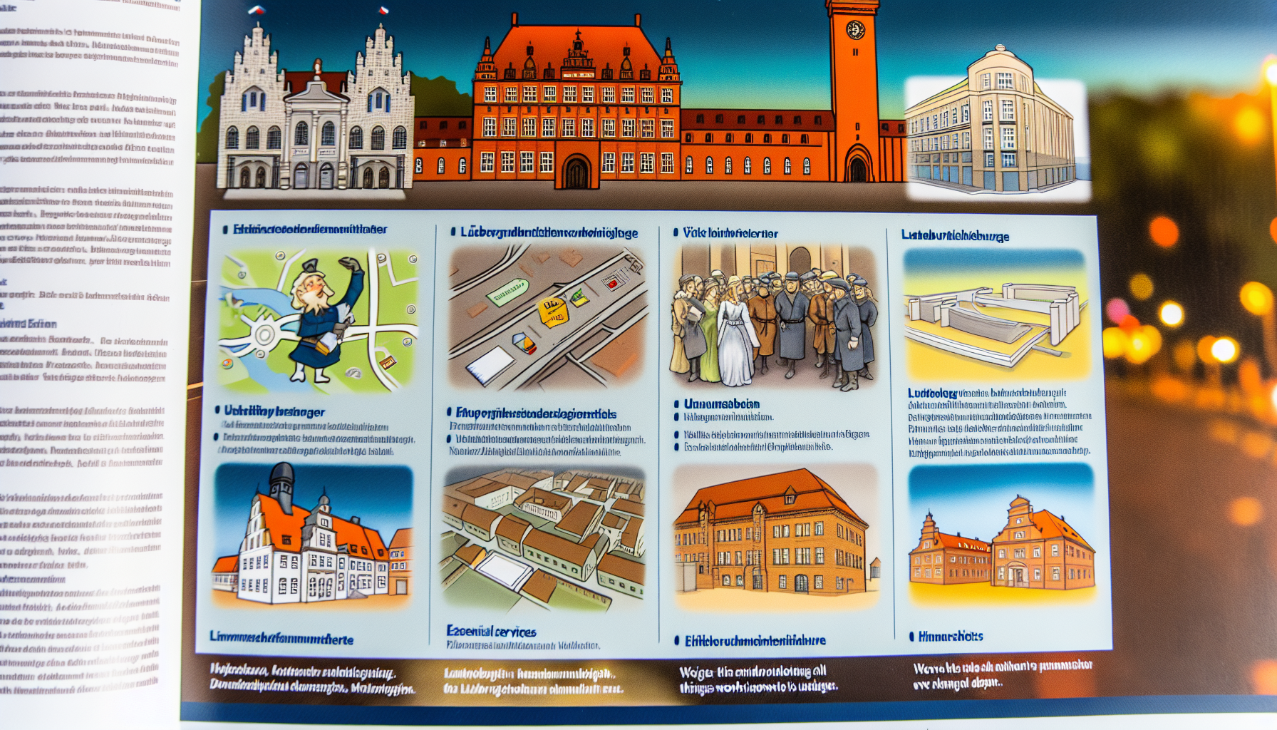 Eine detaillierte und informative visuelle Tour, die die Stadt Lüneburg präsentiert. Die Darstellung sollte Bildungseinrichtungen wie die Universität hervorheben, bürgerliche Wahrzeichen wie das Bürgerhaus, wichtige Dienstleistungen wie die Polizei- und Feuerwehrstationen. Darüber hinaus sollte die Illustration auch historischen Kontext bieten, indem sie die reiche Geschichte der Stadt darstellt und die Geschichten erzählt, die Lüneburg einzigartig machen. Diese Elemente sollten in eine umfassende Erzählung verwoben werden, um alles Wissenswerte über Lüneburg zu vermitteln.