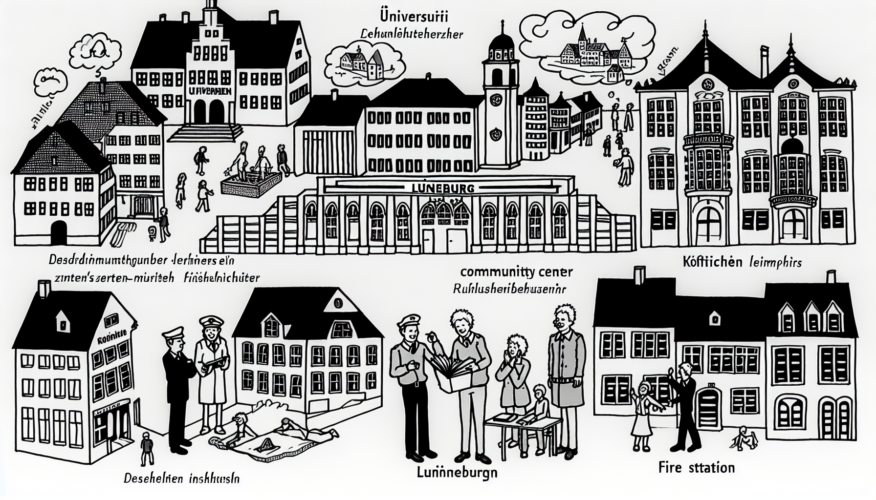 Lüneburg ist eine charmante Stadt in Niedersachsen, die für ihre reiche Geschichte und beeindruckende Architektur bekannt ist. Die Stadt hat eine lange Tradition, die bis ins Mittelalter zurückreicht, als sie ein bedeutendes Zentrum für den Salzhandel war. Diese Geschichte spiegelt sich in den gut erhaltenen historischen Gebäuden wider, die die Straßen der Stadt säumen.nIm Zentrum von Lüneburg befindet sich die Leuphana Universität, ein modernes Bildungsinstitut, das sich durch innovative Lehrmethoden und ein breites Studienangebot auszeichnet. Die Studierenden, die oft in den Cafés der Stadt zu finden sind, sind ein lebendiger Teil des Stadtbildes. Man sieht sie oft über Büchern brüten oder in Gruppen diskutieren.nDas Gemeinschaftszentrum ist ein weiterer wichtiger Bestandteil des städtischen Lebens. Hier finden zahlreiche Veranstaltungen, Kurse und Aktivitäten für alle Altersgruppen statt. Es ist ein Ort der Begegnung, an dem sich die Bewohner austauschen und vernetzen können.nDie Polizeistation und die Feuerwehr sind ebenfalls zentrale Institutionen in Lüneburg. Die Beamten in Uniform und die Feuerwehrleute, die oft an ihrem Standort zu sehen sind, tragen zur Sicherheit und zum Wohlbefinden der Bürger bei. Man kann sie bei Übungen oder im Einsatz beobachten, was das Gefühl von Gemeinschaft und Zusammenhalt stärkt.nDie Architektur Lüneburgs ist geprägt von Backsteingebäuden, historischen Kirchen und malerischen Gassen. Die St. Michaelis Kirche mit ihrem markanten Turm ist ein Wahrzeichen der Stadt. Die alten Speicherhäuser entlang der Ilmenau erzählen Geschichten aus der Zeit des Salzhandels und sind beliebte Fotomotive.nIn den Ecken der Illustration könnten kleine Vignetten platziert werden, die Geschichten aus der Stadt erzählen: Ein älterer Herr, der von seinen Erlebnissen im Krieg berichtet, eine Gruppe von Kindern, die im Park spielen, oder ein Paar, das an einem der vielen Festivals teilnimmt, die das ganze Jahr über stattfinden.nDiese Elemente zusammen ergeben ein lebendiges Bild von Lüneburg, das sowohl die historische Tiefe als auch das moderne Leben in dieser einzigartigen Stadt widerspiegelt.