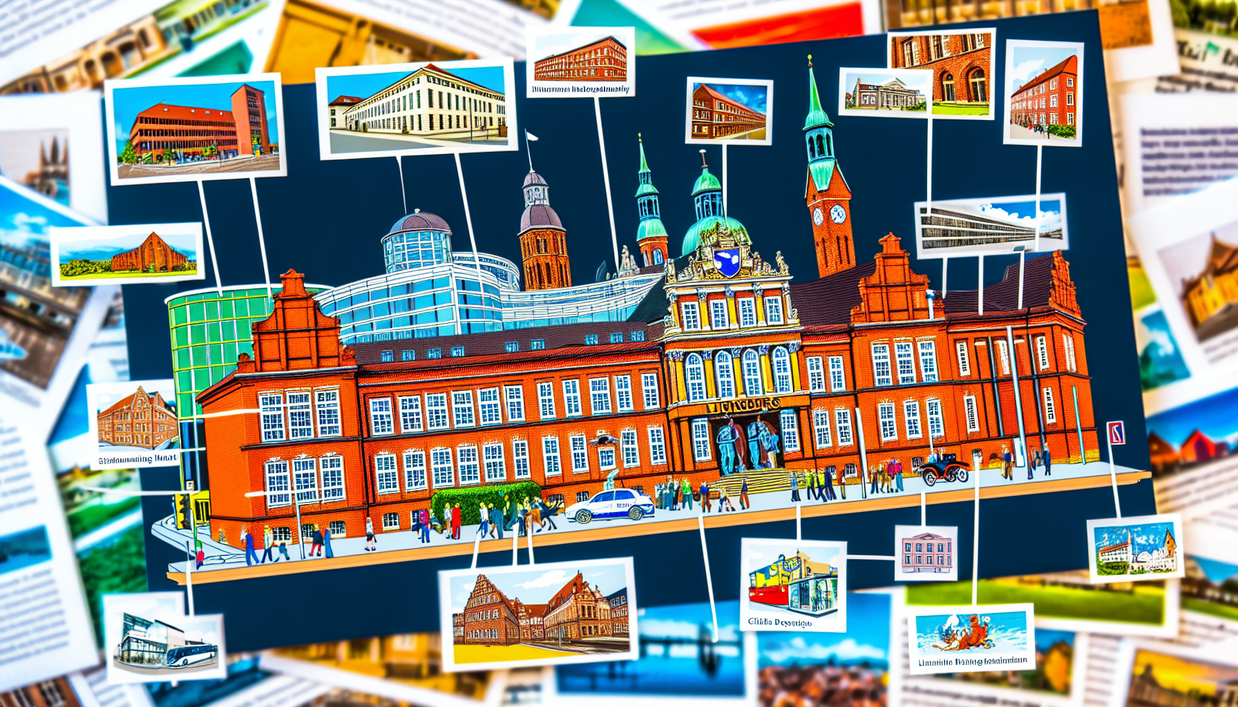 Alles Wissenswerte über die Stadt Lüneburg - Institutionen wie die Universität, das Bürgerhaus, die Polizei und die Feuerwehr sowie die Geschichte der Stadt und ihre Geschichten. Stellen Sie sich ein lebendiges, repräsentatives visuelles Panorama vor, das Wahrzeichen und wichtige Merkmale Lüneburgs integriert. Die historischen Backsteingebäude, die beeindruckende Architektur und die Elemente der großen Institutionen sollten hervorstechen. Darüber hinaus sollten Mini-Geschichten eingebettet werden, die verschiedene Facetten des Stadtlebens darstellen, von der Bildung an der Universität bis zum unermüdlichen Einsatz der Polizei und Feuerwehr.