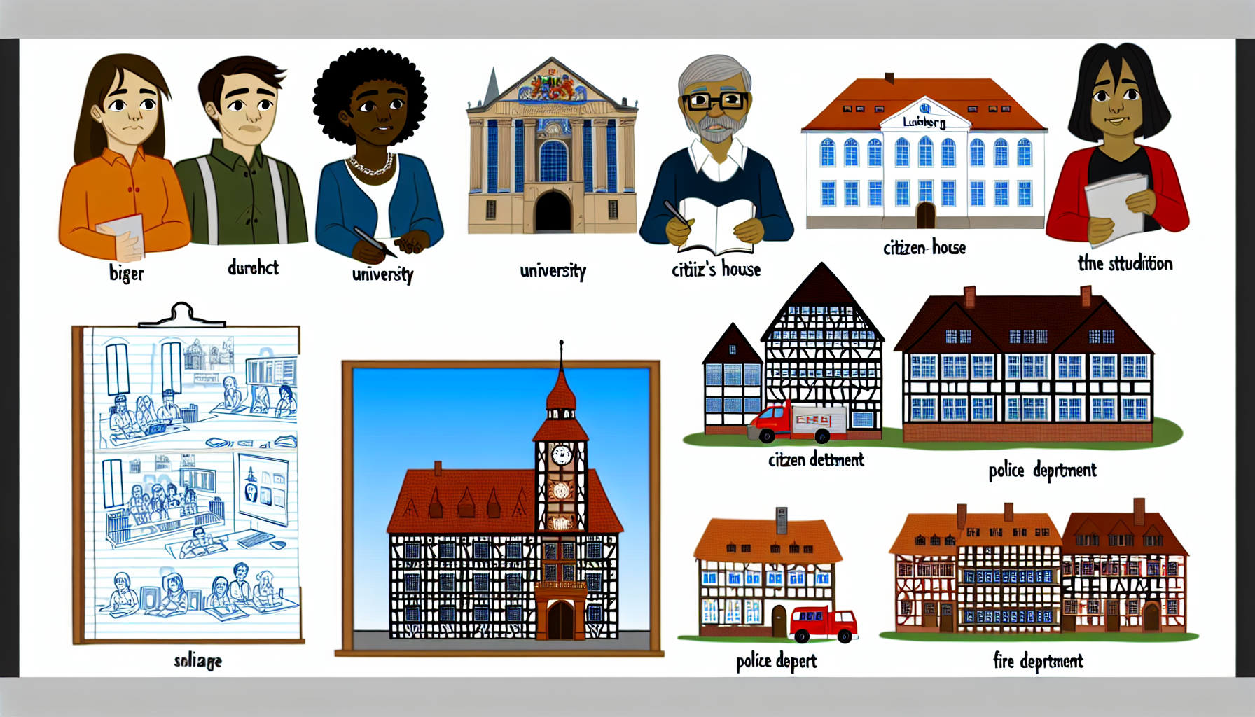 Erstellen Sie eine illustrative Darstellung der Stadt Lüneburg. Stellen Sie verschiedene Institute dar, wie die Universität, das Bürgerhaus, die Polizeidienststelle und die Feuerwehr. Zeigen Sie auch die Historie der Stadt und ihre Geschichten. Illustrieren Sie verschiedene Architekturen, die von modernen akademischen Institutionen bis hin zu traditionellen Fachwerkhäusern reichen, die die Geschichte Lüneburgs widerspiegeln. Fügen Sie eine Gruppe von Charakteren hinzu, die die Geschichten der Stadt erzählen und anhören, darunter einen männlichen Historiker aus dem Nahen Osten und eine schwarze Studentin.