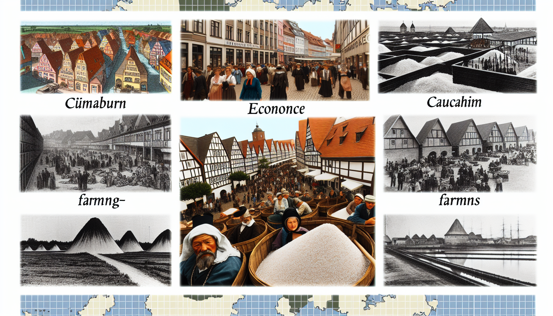 Darstellung der Wirtschaft in der Stadt Lüneburg und ihrer Umgebung in Deutschland. Zeigen Sie Handelsgebiete mit deutscher Architektur, lebhafte Marktplätze voller Einheimischer und Touristen, idyllische landwirtschaftliche Flächen am Stadtrand und die berühmten Salzmienen, die in der Vergangenheit stark zur Wirtschaft beigetragen haben. Fangen Sie die multikulturelle Demografie der Stadt ein, einschließlich kaukasischer, nahöstlicher und südasiatischer Menschen, die an verschiedenen wirtschaftlichen Aktivitäten wie Handel, Landwirtschaft und Bergbau beteiligt sind.
