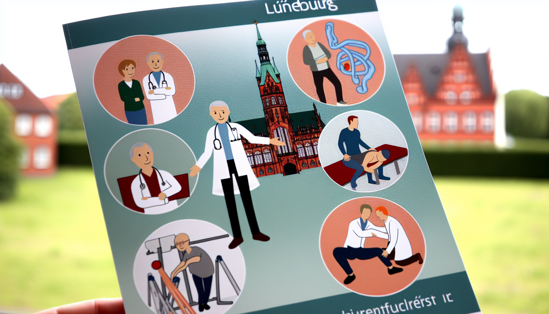 Ein illustrierter Gesundheitsleitfaden, der verschiedene Aspekte von Gesundheit und Wellness in Lüneburg darstellt. Dazu gehören Ärzte in weißen Kitteln mit Stethoskopen, engagierte Physiotherapeuten, die Patienten bei Übungen unterstützen, und verschiedene gesundheitsbezogene Diskussionen, die stattfinden. Der Hintergrund sollte die malerische Stadtlandschaft von Lüneburg mit ihren ikonischen roten Backsteingebäuden und grünen Parks zeigen.