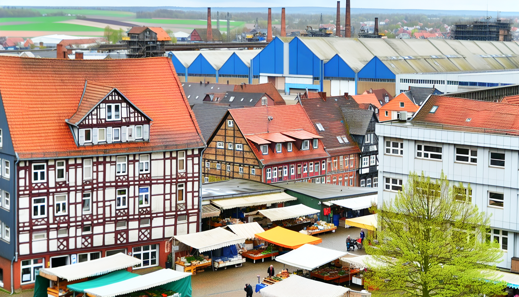 Eine malerische Aussicht auf die wirtschaftlichen Aktivitäten in der Region Lüneburg, Deutschland. Zu sehen ist ein lebhafter Marktplatz mit einer Vielzahl von lokalen Anbietern, die ihre frischen Produkte und handgefertigten Artikel präsentieren. Diese geschäftigen Szenen werden ergänzt durch die traditionellen Fachwerkhäuser und Kopfsteinpflasterstraßen, die einen Hauch historischen Charmes verleihen. In der Ferne sind Industriegebiete mit Fabriken und Lagerhäusern zu erkennen, die vor Aktivität summen und den florierenden Produktionssektor der Stadt symbolisieren.