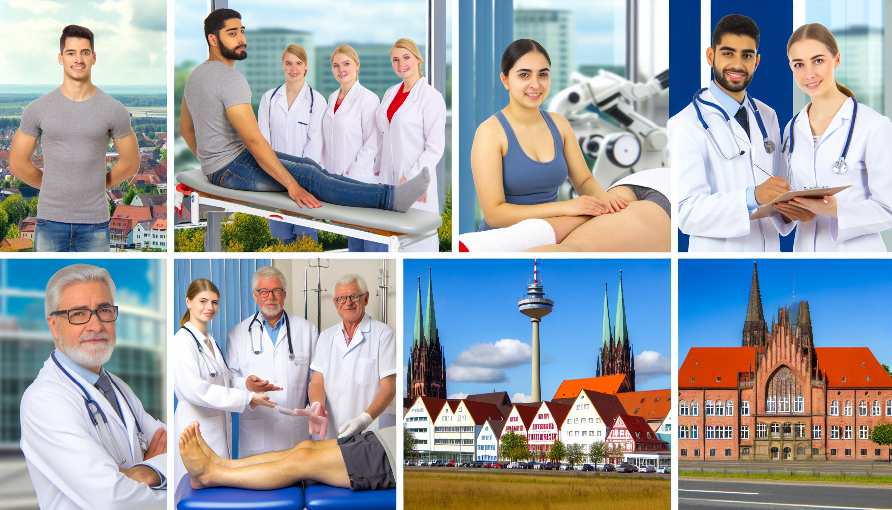 Stellen Sie eine Vielzahl von Gesundheitsoptionen dar, einschließlich Ärzte unterschiedlicher Herkunft und Geschlechter, Physiotherapie-Sitzungen, die sowohl von männlichen als auch von weiblichen Therapeuten aus verschiedenen Hintergründen geleitet werden, sowie andere allgemeine gesundheitsbezogene Themen, die in der Stadtlandschaft von Lüneburg, Deutschland, angesiedelt sind. Das Bild kann verschiedene Gesundheitseinrichtungen wie Kliniken, Krankenhäuser und Therapiezentren umfassen.