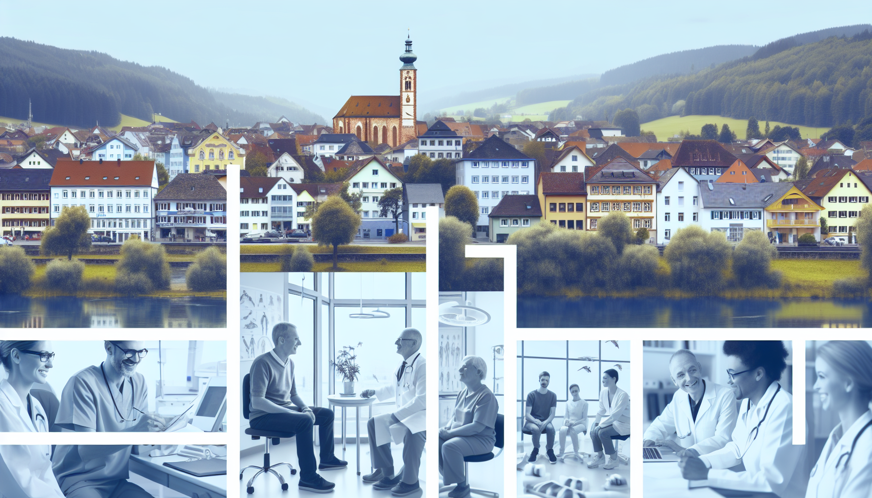 Erforschen Sie die Gesundheitsmöglichkeiten, die verschiedene medizinische Fachkräfte wie Ärzte und Physiotherapeuten sowie allgemeine gesundheitsbezogene Themen in und um eine malerische, idyllische deutsche Stadt präsentieren. Das Bild sollte das Wesen von Gesundheit und Wellness einfangen, mit geschäftigen Kliniken, ruhigen Büros von Therapeuten und Plattformen für Gesundheitsdiskussionen in öffentlichen Räumen, die alle in die malerische Stadtlandschaft eingebettet sind.