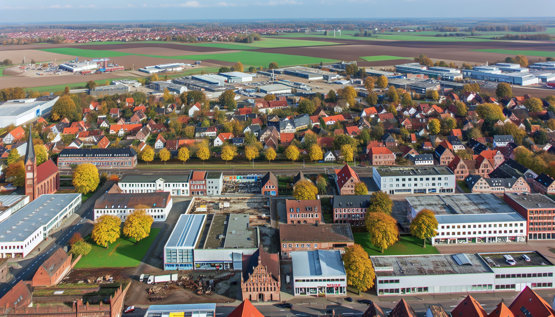 Eine Luftaufnahme der geschäftigen wirtschaftlichen Aktivitäten in der Stadt Lüneburg, Deutschland, und ihrer Umgebung. Fangen Sie das Wesen der Stadt mit verschiedenen Industrien, Märkten und Geschäftsgebäuden ein. Integrieren Sie auch Fußgänger unterschiedlichen Geschlechts und Herkunft. Zeigen Sie die lokalen kleinen Unternehmen, die Backsteinhäuser mit Satteldächern und die gut gepflegten Parks mit Bäumen, die sich je nach Jahreszeit färben. Im Hintergrund heben Sie die weiten landwirtschaftlichen Felder hervor, die die Stadt umgeben und ein Symbol für die landwirtschaftliche Stabilität der Region sind.