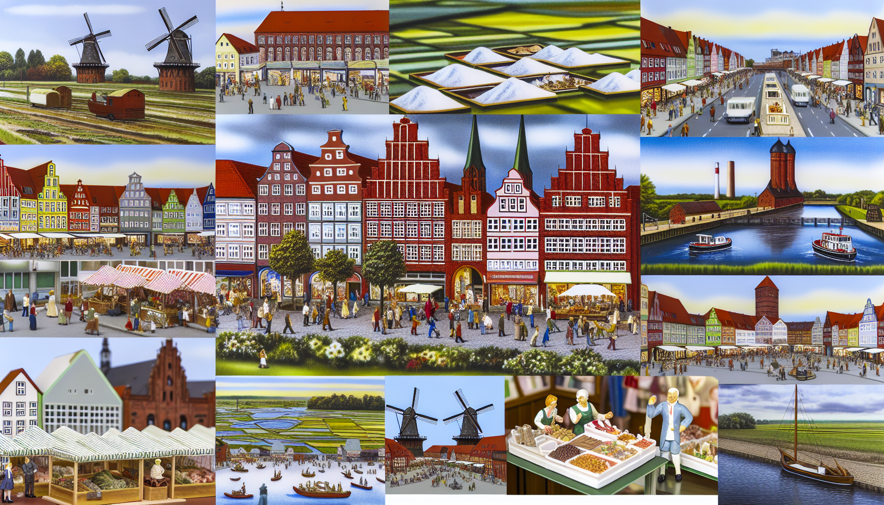 Eine malerische und lebhafte Darstellung der wirtschaftlichen Aktivitäten in der historischen Stadt Lüneburg, Deutschland, und ihrer Umgebung. Zeigen Sie die ikonische Backsteingotik der Stadt zusammen mit verschiedenen Aspekten des Geschäftslebens, wie lebhaften Freiluftmärkten, Boutiquen, lokalen Brauereien, einer Vielzahl von Restaurants und Cafés, historischen Salinen und einer typischen norddeutschen Landschaft mit Kanälen, üppigen grünen Feldern und Windmühlen. Fügen Sie Figuren von Menschen hinzu, die mit ihren täglichen Geschäften beschäftigt sind, Ausstellungen aufbauen, Stände einrichten, im Handel und im Gespräch engagiert sind, während sie den Charme dieser schönen Hansestadt genießen.