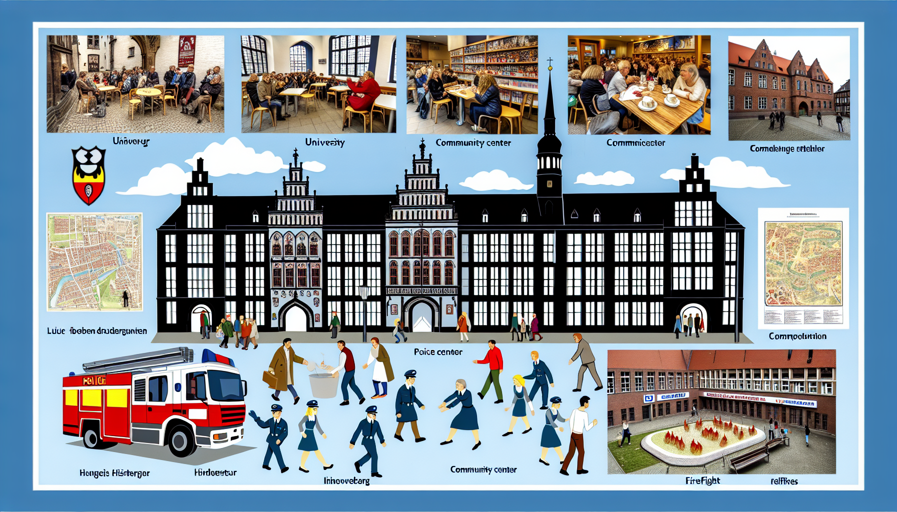 Ein umfassender visueller Leitfaden der Stadt Lüneburg, der wichtige Institutionen wie die Universität, das Gemeindezentrum, die Polizeistation und die Feuerwehr zeigt. Die reiche Geschichte der Stadt und fesselnde Geschichten sollten in das Bild eingewoben werden, mit Elementen der gotischen und Renaissance-Architektur, die in der Stadtlandschaft verbreitet sind. Fügen Sie Szenen von Straßencafés hinzu, die Menschen verschiedener Herkunft und Geschlechter darstellen, Studenten, die hektisch über den Universitätscampus eilen, Polizeibeamte, die für die Sicherheit der Stadt sorgen, Feuerwehrleute, die mutig ihren Pflichten nachkommen, und Zivilisten aller Altersgruppen, die an Aktivitäten im Gemeindezentrum teilnehmen. Schließlich sollte das historische Wesen der Stadt hervorgehoben werden, mit kleinen Anekdoten und symbolischen Darstellungen bemerkenswerter Ereignisse aus ihrer Vergangenheit.