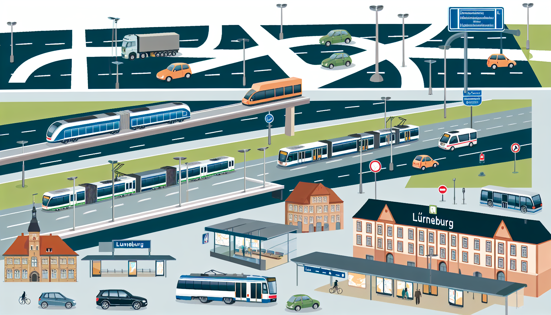 Illustrieren Sie die Verkehrsanbindungen nach Lüneburg, Deutschland, durch Straßen, Autobahnen, Busse und Regionalzüge. Stellen Sie eine Vielzahl von Fahrzeugen dar, darunter Autos, die auf Autobahnen fahren, Busse an Bushaltestellen und Züge am Bahnhof. Zeigen Sie das geschäftige Treiben eines Verkehrsknotens mit zahlreichen Passagieren, die am Bahnhof warten, aus dem Zug aussteigen und in Busse einsteigen. Fügen Sie mehrere Elemente hinzu, um die Atmosphäre einer pulsierenden Stadt zu vermitteln, wie Verkehrsampeln, Straßenschilder und Wahrzeichen. Halten Sie die Umgebung realistisch und zeitgemäß.