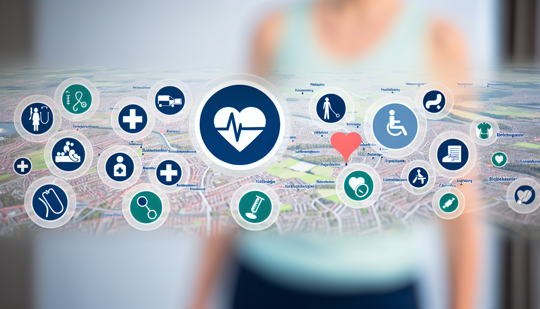 Gesundheitsoptionen, Ärzte, Physiotherapie und allgemeine Themen zur Gesundheit in und um Lüneburg. Das Bild sollte klare Visualisierungen enthalten, wie eine Karte von Lüneburg, auf der wichtige Gesundheitseinrichtungen dargestellt sind (einschließlich Arztpraxen und Physiotherapiepraxen), sowie einige relevante gesundheitsbezogene Symbole (ein Stethoskop, eine Spritze, ein Herz, ein Physiotherapie-Symbol usw.). Der Fokus sollte auf einer breiten Perspektive des Gesundheitswesens und dessen Zugänglichkeit in Lüneburg liegen.