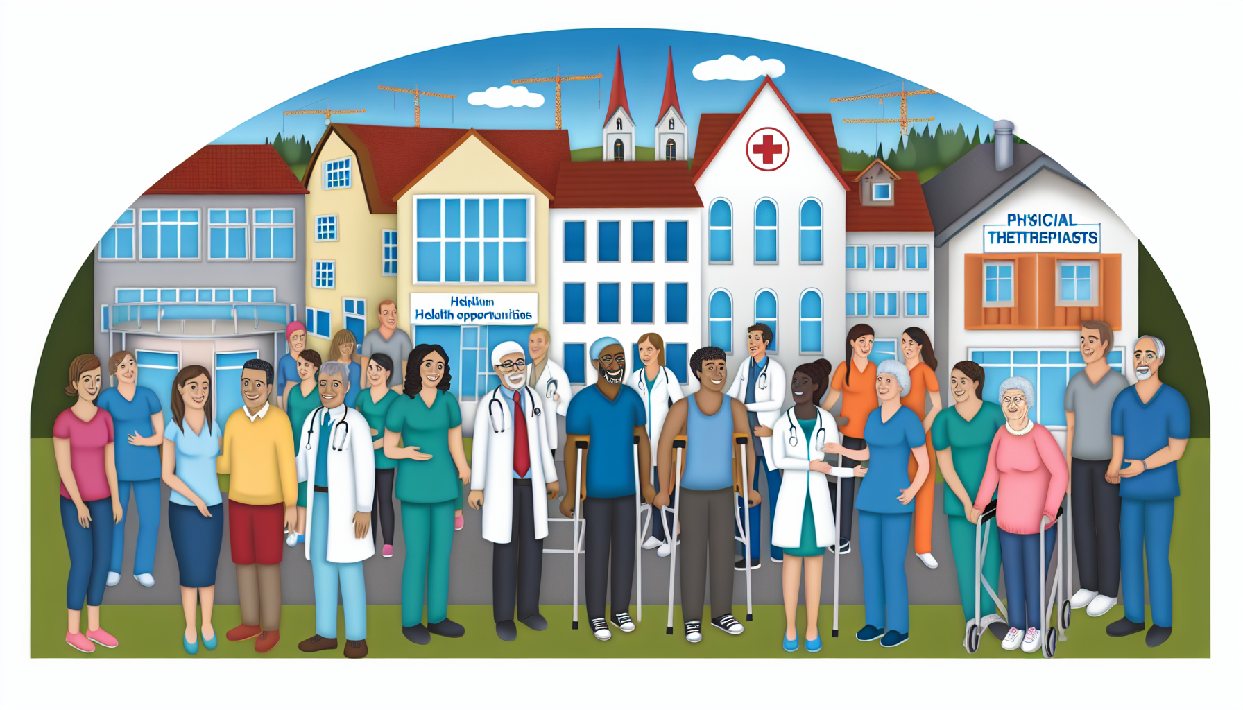 Eine lebendige Darstellung von Gesundheitsmöglichkeiten in einer malerischen deutschen Stadt. Zeigen Sie eine Vielzahl von medizinischen Fachkräften, darunter männliche und weibliche Ärzte verschiedener Abstammungen wie hispanisch, kaukasisch und schwarz, sowie Physiotherapeuten, die Patienten unterschiedlichen Alters und Hintergrunds helfen. Die Illustration sollte eine gesundheitszentrierte Atmosphäre einfangen, mit Gebäuden, die ein Krankenhaus, eine Privatpraxis und eine Physiotherapieeinrichtung im Hintergrund darstellen. Patienten und Gesundheitsfachkräfte sind in Gesprächen über verschiedene Gesundheitsthemen zu sehen, was ein Gefühl von gemeinschaftlichem Gesundheitsengagement betont.