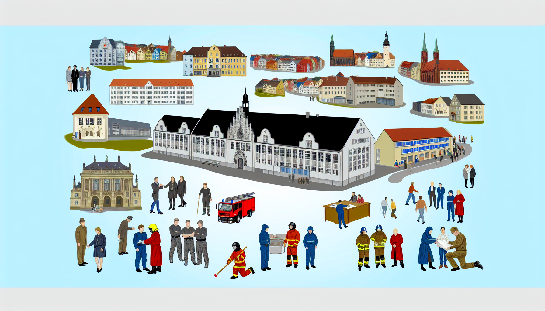 Ein ausführlicher Reiseführer zur Stadt Lüneburg. Beziehe Wahrzeichen wie die Universität, das Gemeindezentrum, die Polizeiwache und die Feuerwehr ein. Lass außerdem die reiche Geschichte der Stadt und ihre zahlreichen Geschichten in die Bildsprache einfließen. Das Bild sollte diese Elemente harmonisch zueinander darstellen und die für verschiedene Epochen repräsentativen Architekturstile hervorheben. Optional können Figuren von Studierenden, Polizistinnen und Polizisten, Feuerwehrleuten sowie Bürgerinnen und Bürgern unterschiedlicher Herkunft und Geschlechter gezeigt werden, die alltäglichen Tätigkeiten nachgehen. Konzentriere dich nicht auf einzelne Personen, sondern auf die kollektive Szene.