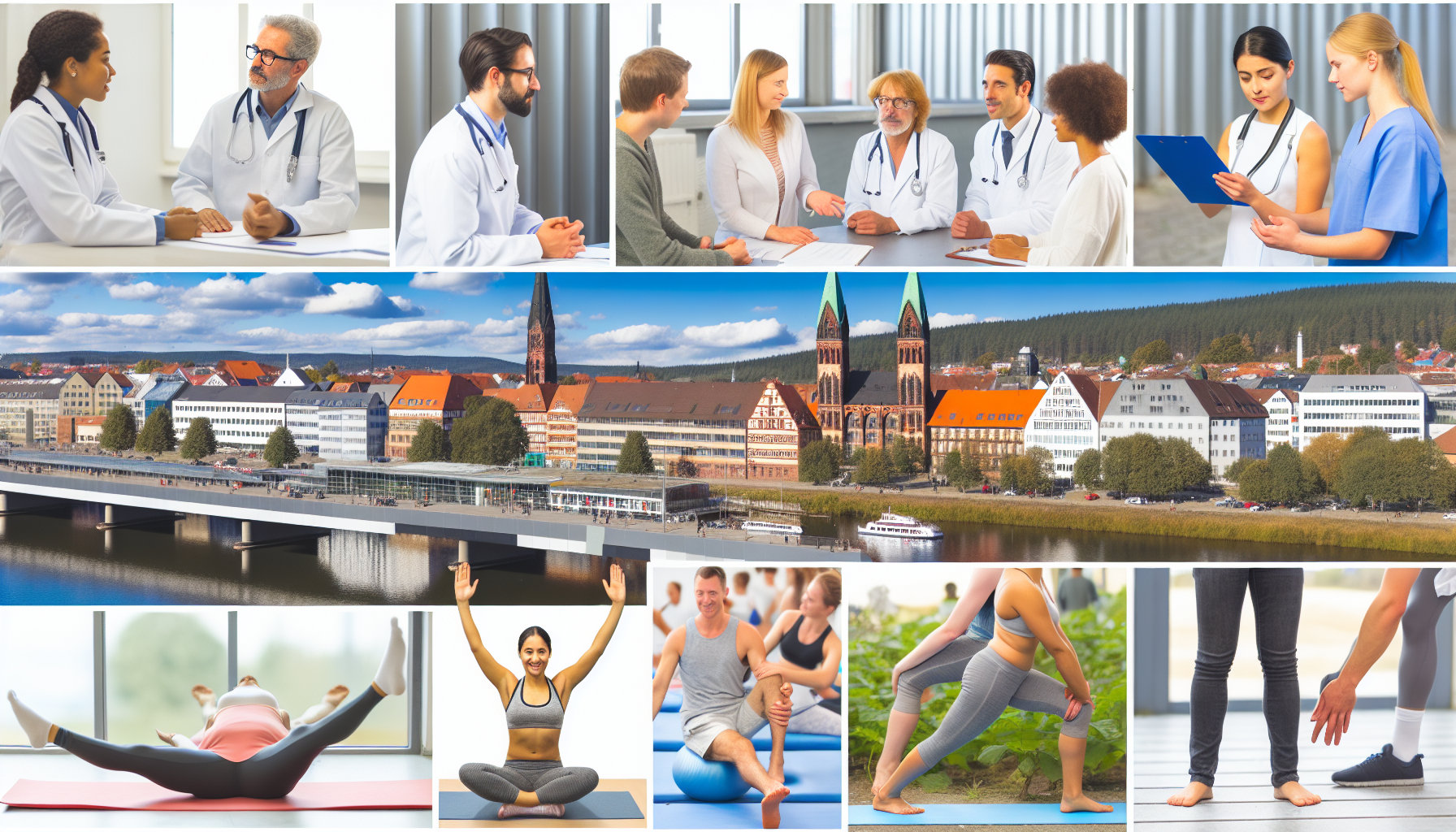 Eine gesundheitsorientierte Szene mit einer Mischung aus verschiedenen Gesundheitsfachkräften und allgemeinen Gesundheitsthemen, die in und um das Stadtbild von Lüneburg stattfinden. Zeige Ärzte, die medizinische Fälle besprechen, eine Physiotherapeutin oder einen Physiotherapeuten, die/der Patientinnen und Patienten behandelt, sowie Menschen, die aktiv an Gesundheits- und Wellnessaktivitäten wie Yoga oder sportlichen Übungen im Freien teilnehmen. Stelle eine ausgewogene Verteilung hinsichtlich Geschlecht und Herkunft unter den dargestellten Personen dar, um Inklusivität und Vielfalt zu gewährleisten. Das Stadtbild, die Architektur und die umgebende natürliche Schönheit Lüneburgs sollten ebenfalls prominent gezeigt werden und als Kulisse für diese gesundheitsorientierten Aktivitäten dienen.