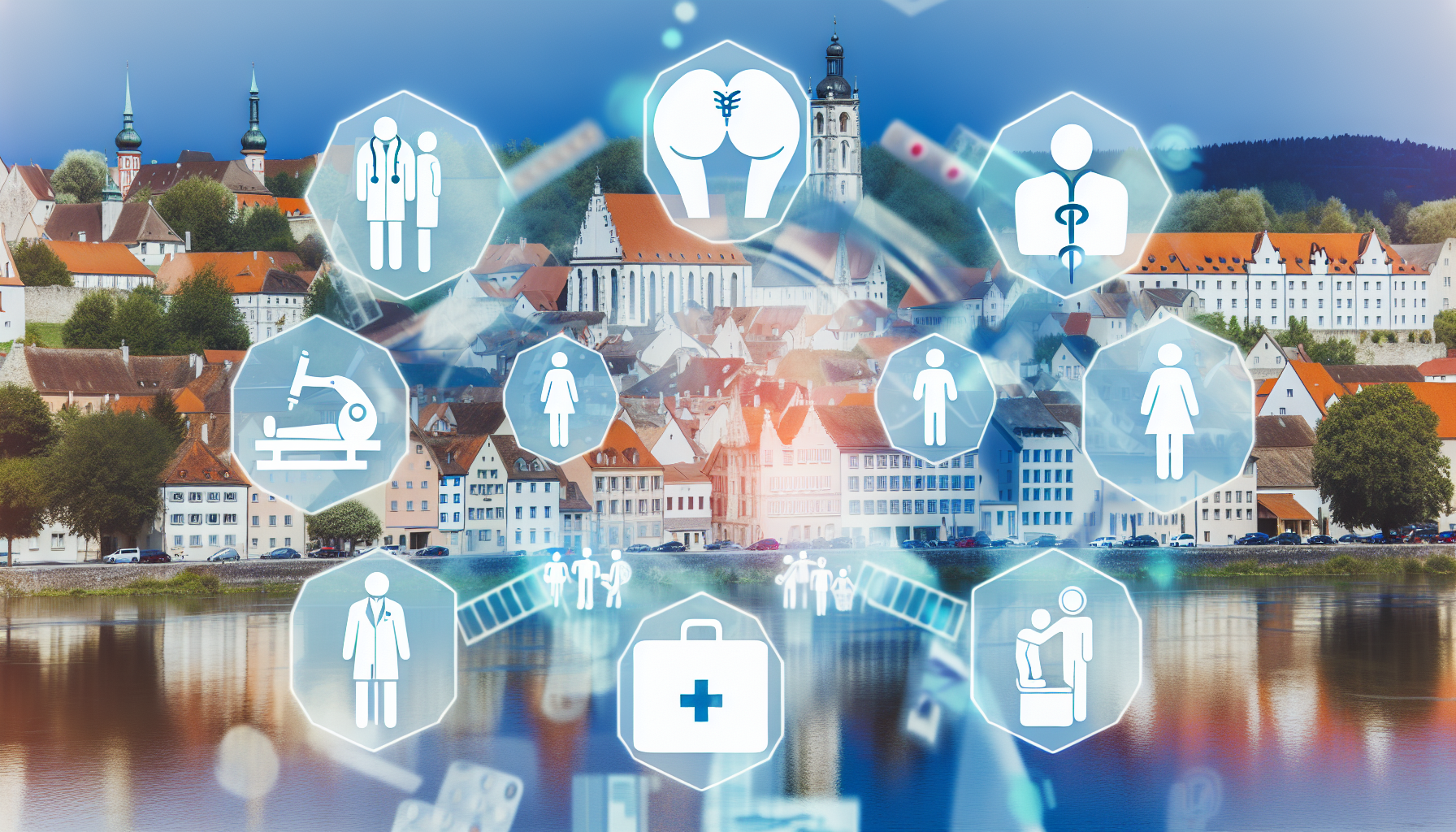 Eine konzeptionelle Darstellung von Gesundheitsangeboten, einschließlich Bildern von Ärzten, physiotherapeutischen Behandlungen und allgemeinen gesundheitsbezogenen Themen im Kontext einer malerischen europäischen Stadt. Gezeigt werden verschiedene Elemente wie medizinische Symbolik, Geräte für die Physiotherapie und ein gesundheitsbewusster Lebensstil, umgeben von Illustrationen einer schönen historischen Stadt mit charmanten Gebäuden, kopfsteingepflasterten Straßen und üppig grünen Parks.