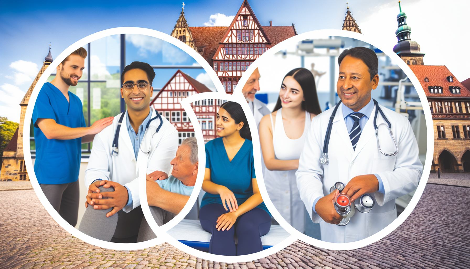 Darstellung von Gesundheitsangeboten, Ärzten, Physiotherapie und allgemeinen gesundheitsbezogenen Themen in und um eine alte europäische Stadt, ähnlich wie Lüneburg. In der Szene sind ein südasiatischer Arzt, eine hispanische Physiotherapeutin und eine vielfältige Gruppe von Patientinnen und Patienten zu sehen, die im schönen, traditionellen Stadtzentrum aktiv verschiedene gesundheitsbezogene Aktivitäten ausüben.