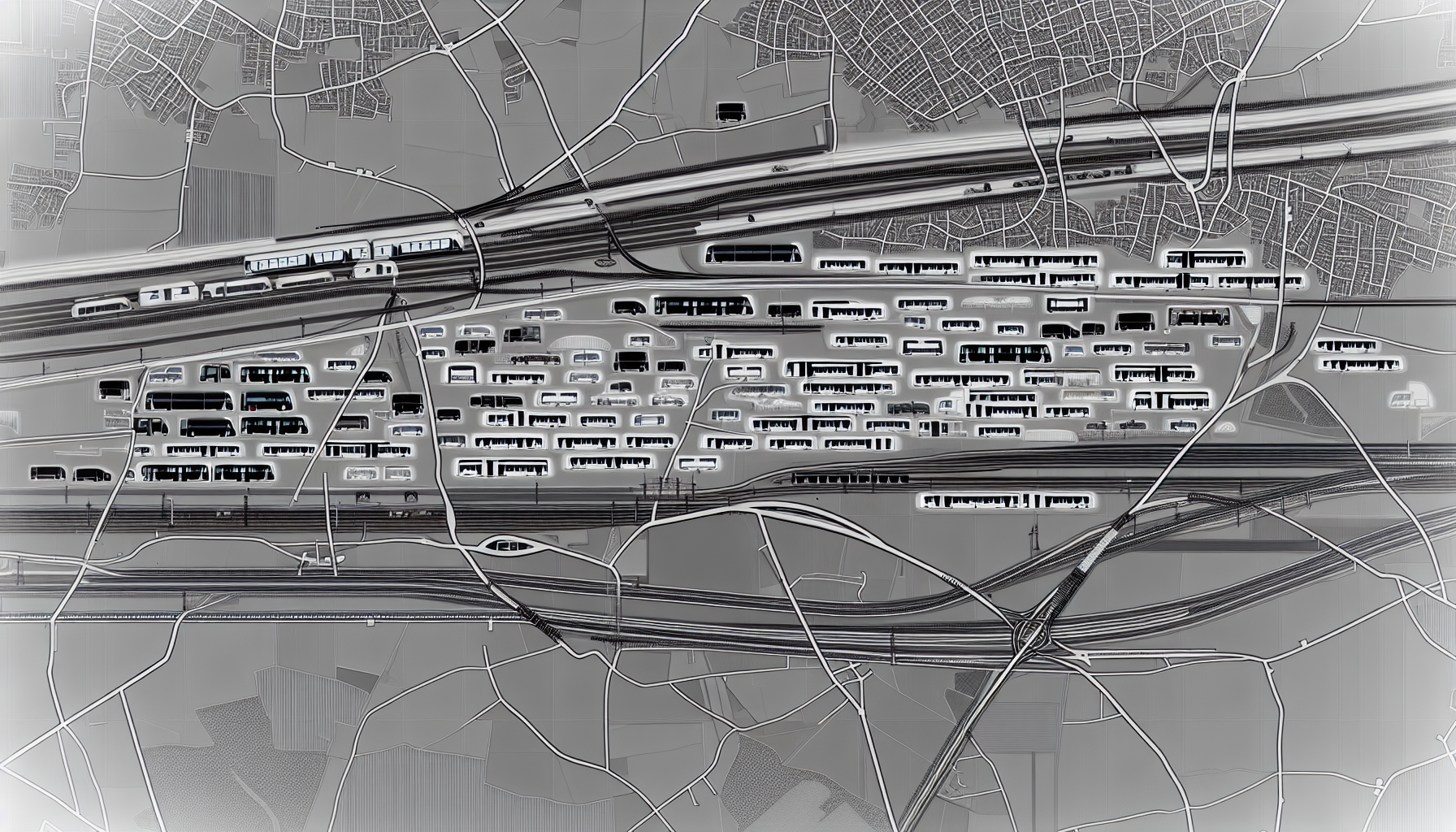 Eine detaillierte Darstellung des Verkehrssystems in Lüneburg, einschließlich des Straßennetzes, der Autobahnen, der Busse, der Züge und der Regionalzüge. Stelle eine kartenähnliche Perspektive dar, die verschiedene Verkehrsmittel mit komplexen Straßenmustern, geschäftigen Busbahnhöfen sowie über die Landschaft verteilten Bahn- und Regionalbahnhöfen zeigt. Verwende eine Mischung aus urbanen und ländlichen Elementen, um die einzigartige Verkehrsstruktur Lüneburgs herauszuarbeiten.