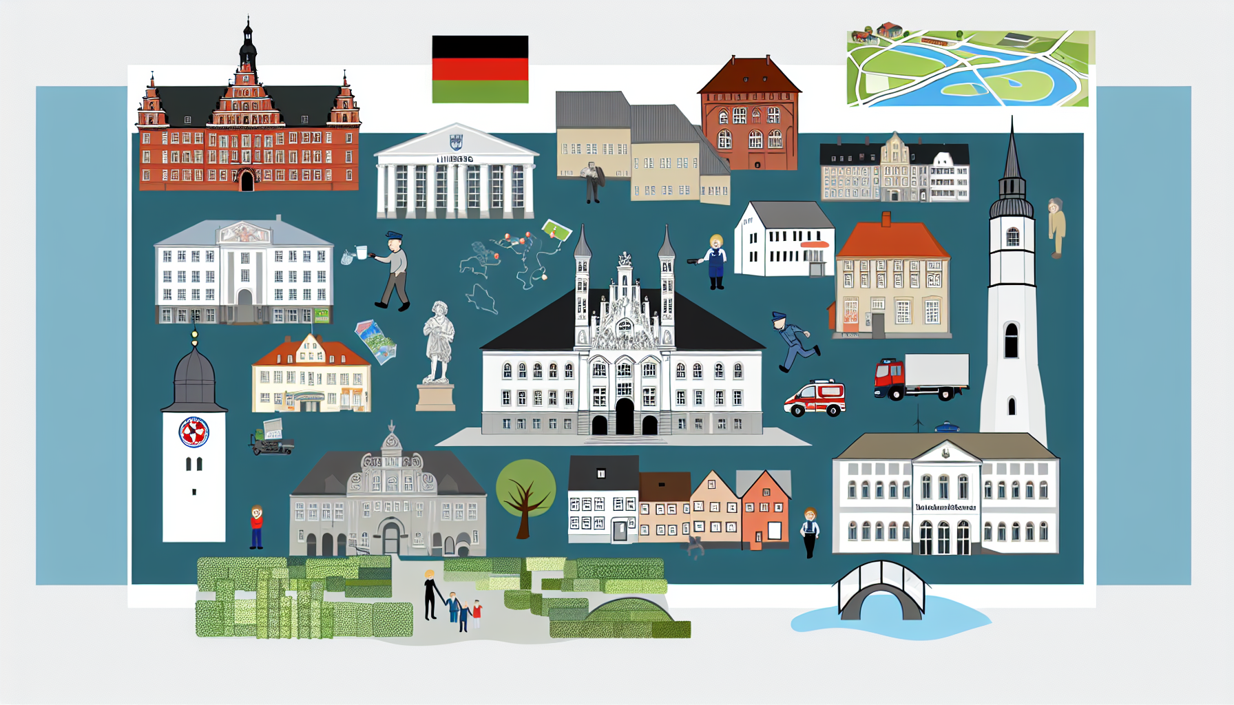 Alles, was man über die Stadt Lüneburg wissen muss, in einer detaillierten, illustrierten Darstellung – Höhepunkte sind historische und moderne Wahrzeichen wie die Universität, das Gemeindezentrum, die Polizeiwache und die Feuerwehr. Beziehen Sie Elemente ein, die ihre Geschichte und die Erzählungen widerspiegeln, die ihre Identität prägen. Lassen Sie dabei konkrete Personen oder einzelne Menschen weg und konzentrieren Sie sich stattdessen auf Gebäude, Straßen, kulturelle Symbole und natürliche Gegebenheiten der Stadt.
