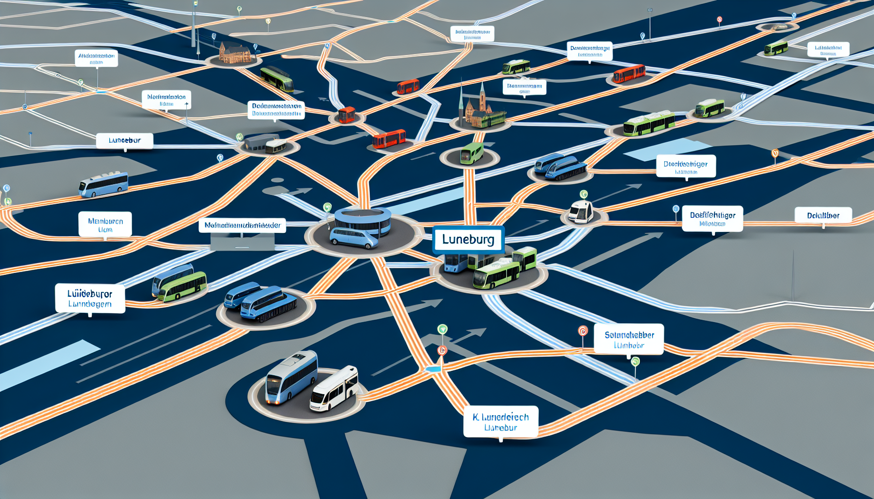 Die Darstellung der Verkehrsmöglichkeiten in Lüneburg umfasst verschiedene Elemente, darunter Straßen, Autobahnen, Pendlerbusse, Züge und Regionalzüge. Die Visualisierung zeigt ein gut organisiertes Netz unterschiedlicher Routen, das nahtlos miteinander verbunden ist.