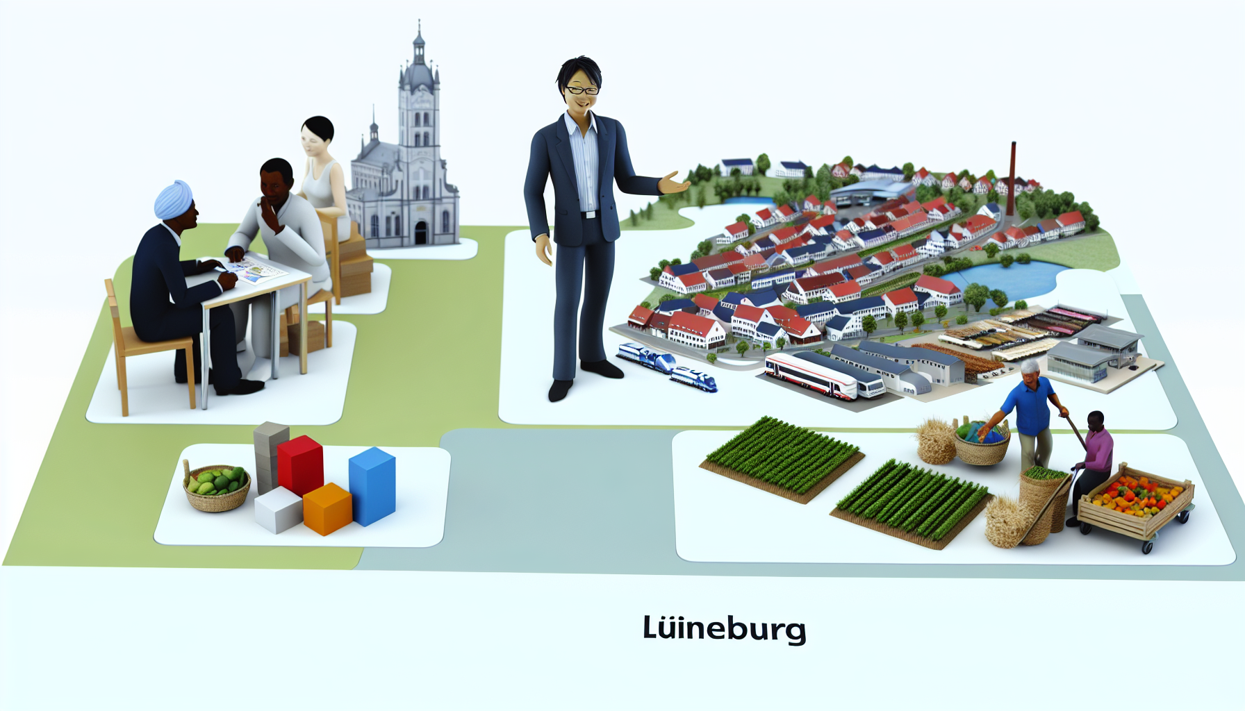 Eine visuelle Darstellung der Wirtschaft in Lüneburg und seiner Umgebung. Stellen Sie verschiedene Sektoren dar, wie Landwirtschaft, Tourismus, Handel und verarbeitendes Gewerbe, die in der Region existieren. Nehmen Sie unbedingt Elemente auf, die wirtschaftliche Gesundheit signalisieren, wie gut instand gehaltene Infrastruktur, belebte Märkte und Felder voller Ernte. Illustrieren Sie außerdem Personen, die aktiv in unterschiedlichen Berufen tätig sind – einen südasiatischen Händler, der ein Geschäft verhandelt, eine schwarze Landwirtin, die auf den Feldern arbeitet, und ein Paar aus dem Nahen Osten, das eine Touristenattraktion betreibt.