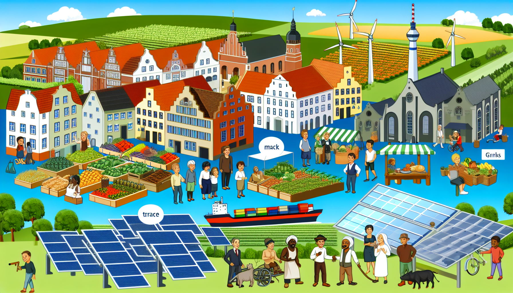 Eine malerische Szene, die die Wirtschaft in Lüneburg und Umgebung zeigt: traditionelle und moderne Unternehmen, ein lebhafter Markt voller Menschen unterschiedlicher Herkunft (z. B. weiße und schwarze Menschen sowie Menschen aus dem Nahen Osten und Südasien), landwirtschaftliche Felder in der Ferne, Solarmodule als Symbol für erneuerbare Energien, ein Güterzug und ein Frachtschiff als Zeichen des Handels, kleine Tech-Start-ups zur Darstellung der digitalen Wirtschaft sowie einige historische Gebäude zur Repräsentation von Kulturerbe und Tourismus, alles unter einem sonnigen Himmel.