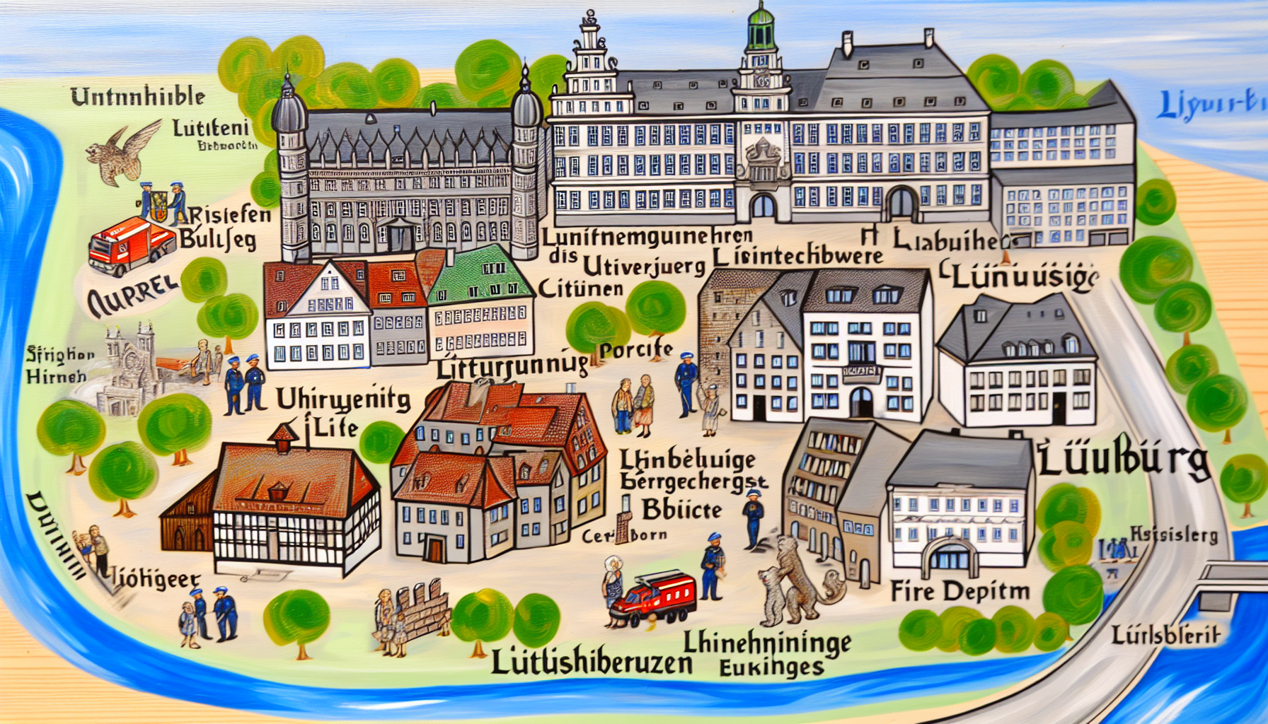 Eine umfassende visuelle Darstellung der Stadt Lüneburg, die wesentliche Aspekte wie ihre renommierte Universität, ein Bürgerhaus, die Polizeiwache und die Feuerwehr zeigt. Füge außerdem Elemente hinzu, die die reiche Geschichte der Stadt und ihre bemerkenswerten Geschichten veranschaulichen. Sorge für eine ausgewogene Komposition aus modernem Leben und historischen Symbolen, die das Wesen Lüneburgs einfängt und zugleich die in den Wahrzeichen der Stadt sichtbare mittelalterliche deutsche Architektur ehrt. Hebe diese Merkmale neben der natürlichen Schönheit der Stadt hervor, um einen aufschlussreichen Blick zu bieten.