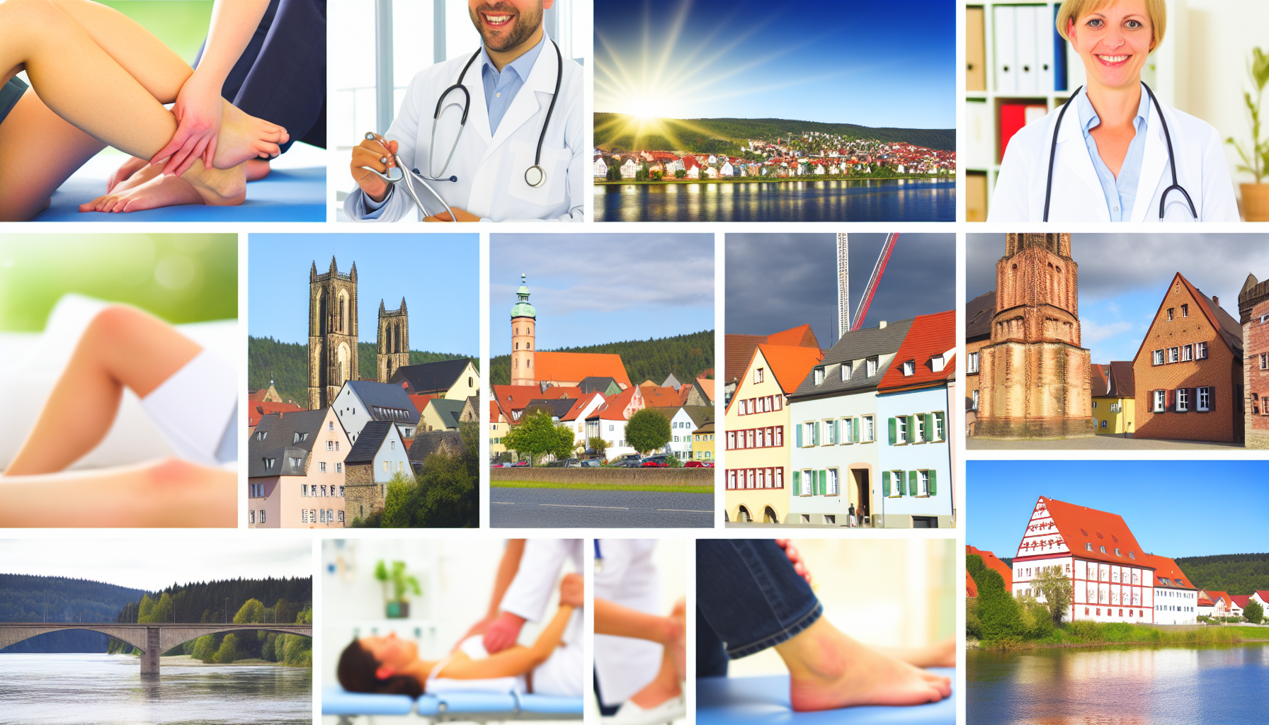 Bildmaterial, das Gesundheitsangebote, Ärztinnen und Ärzte, Physiotherapie und allgemein gesundheitsbezogene Themen in und um eine malerische deutsche Stadt zeigt.