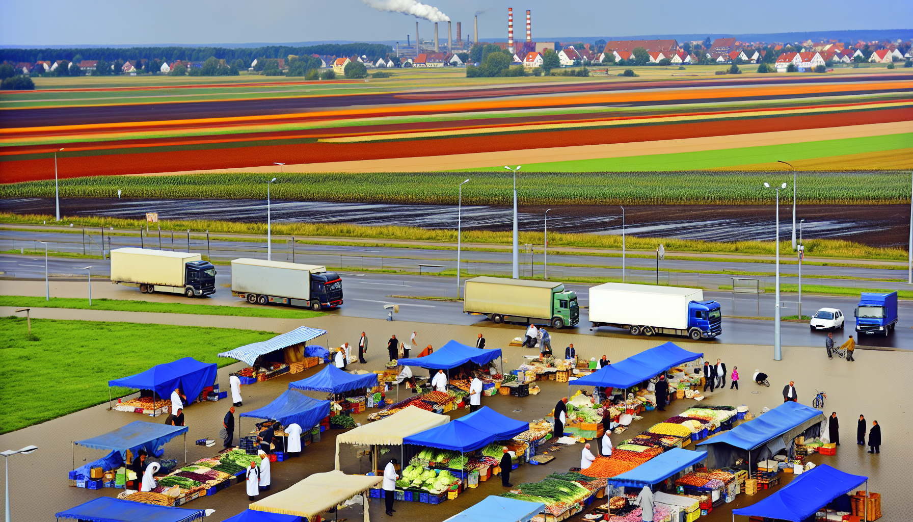 Eine florierende Wirtschaft in und um die deutsche Stadt Lüneburg. Stellen Sie sich einen lebhaften Marktplatz vor, gefüllt mit Händlern verschiedener Art – Bäckern, Metzgern und Bauern, die ihre frischen Erzeugnisse präsentieren. In der Ferne erstrecken sich landwirtschaftliche Felder, in Streifen unterschiedlicher Farben, die ein dichtes Industriegebiet umgeben, aus dessen Fabriken Rauch aufsteigt. Händler, die feilschen, Lkw, die Waren transportieren, und Menschen südasiatischer, kaukasischer, nahöstlicher, schwarzer und hispanischer Abstammung, beiderlei Geschlechts, nehmen aktiv an diesem bunten Wirtschaftsbild teil.