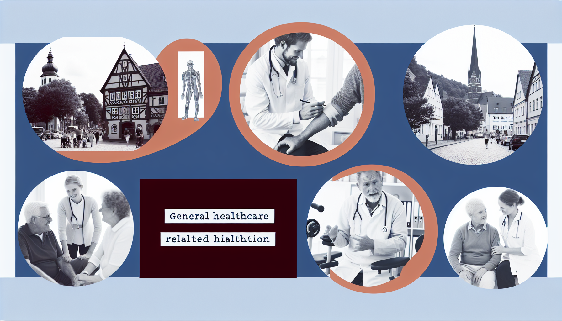 Eine Szene mit gesundheitsbezogenen Aktivitäten in einer Stadt, darunter ein Arzt, der mit einem Patienten interagiert, laufende Physiotherapie-Sitzungen und fortlaufende allgemeine Gesundheitsgespräche. Die Umgebung erinnert an eine malerische Altstadt, ähnlich wie Lüneburg.
