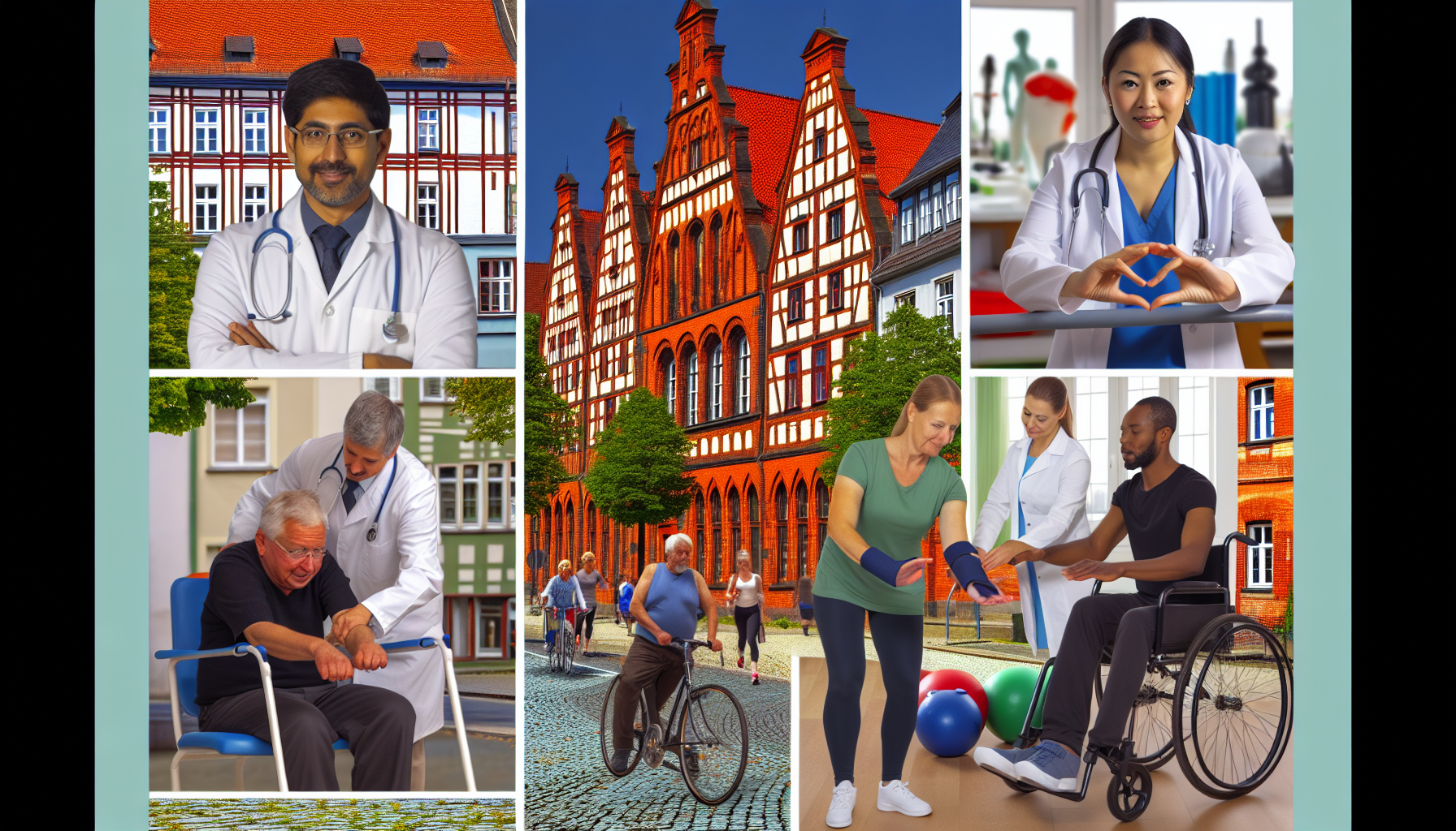 Gesundheitsversorgung, Ärzte, Physiotherapie und allgemein gesundheitsbezogene Themen in und um eine malerische, traditionelle norddeutsche Stadt, die von alten Backsteingebäuden, engen, kopfsteingepflasterten Gassen und üppigen grünen Parkanlagen geprägt ist. Die Darstellung sollte eine altmodische Krankenhausfassade, einen Arzt südasiatischer Herkunft im weißen Kittel mit Stethoskop, einen hispanischen Physiotherapeuten, der einem schwarzen Patienten bei Rehabilitationsübungen hilft, sowie Menschen verschiedener Herkunft zeigen, die in der Stadt verschiedene gesundheitsfördernde Aktivitäten ausüben.